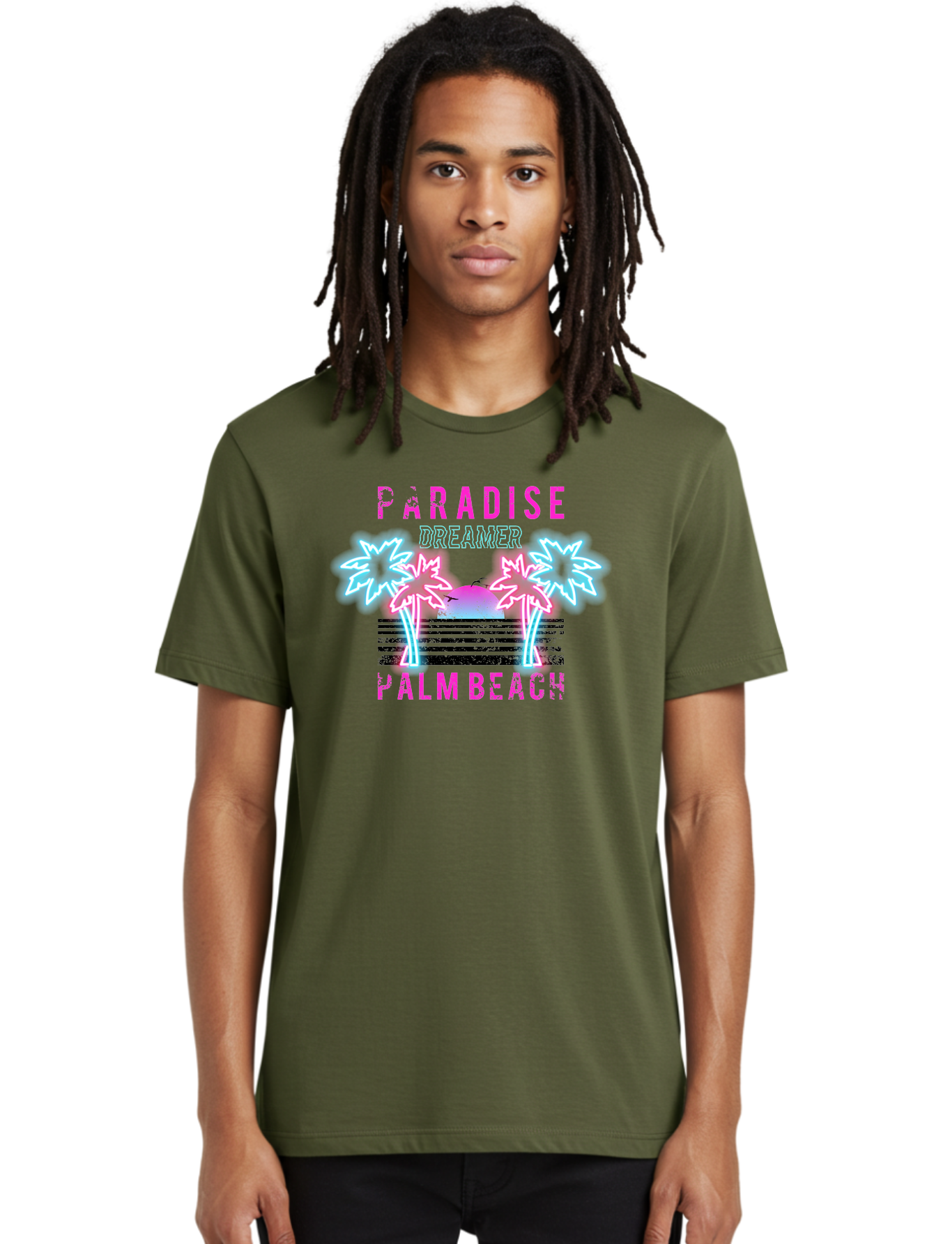 Paradise Dreamer Palm Beach -Men Men'S Graphic Tee, 100% Cotton, Comfortable Casual Summer Wear, Machine Washable, Neon Palm Trees, Tropical Getaway, Paradise Found, Dreamy Vacation, Beach Vibes, Retro Futurism, Futuristic Design, Aae576 24