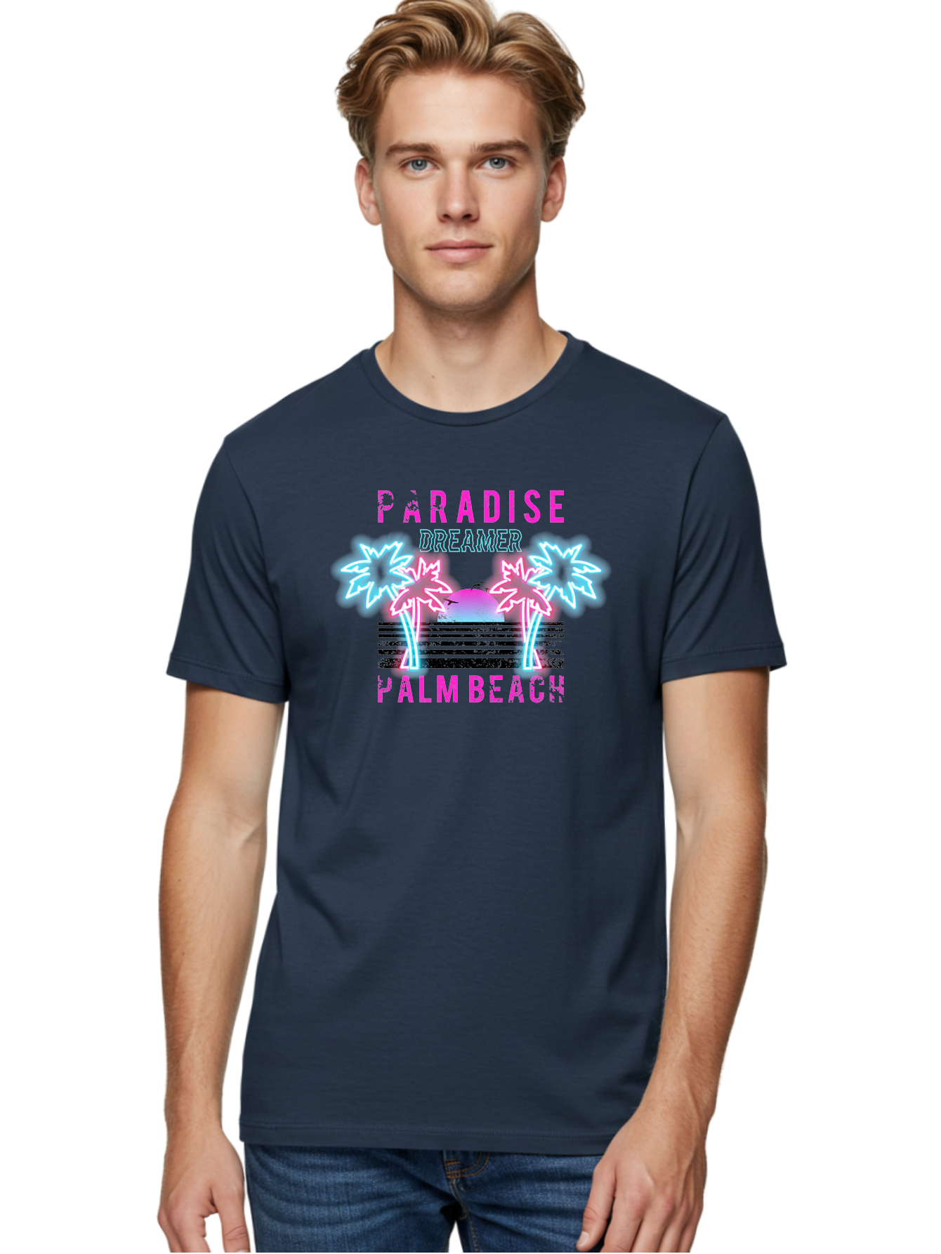 Paradise Dreamer Palm Beach -Men Men'S Graphic Tee, 100% Cotton, Comfortable Casual Summer Wear, Machine Washable, Neon Palm Trees, Tropical Getaway, Paradise Found, Dreamy Vacation, Beach Vibes, Retro Futurism, Futuristic Design, Aae576 26