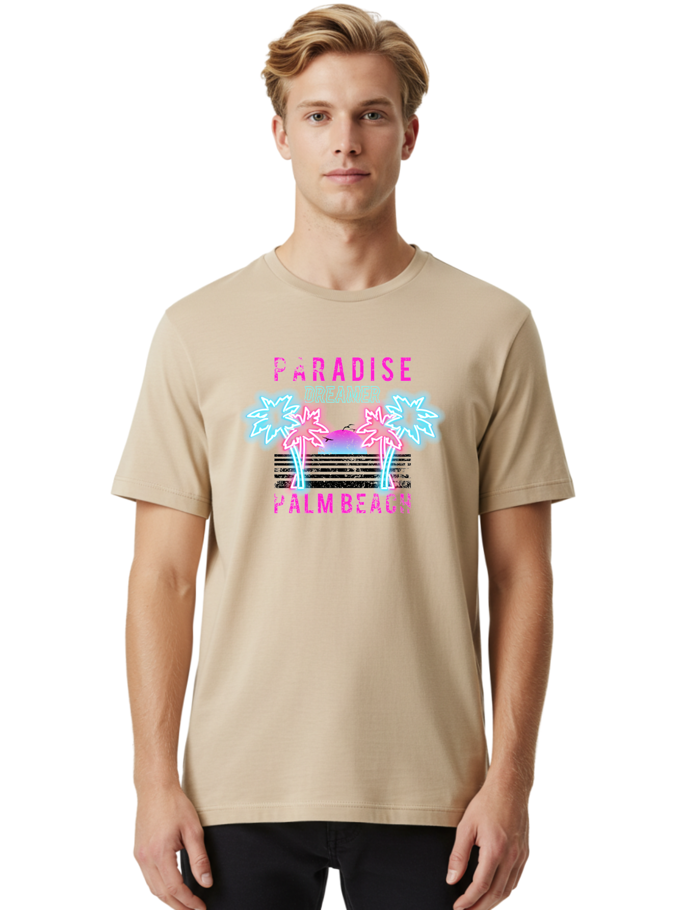 Paradise Dreamer Palm Beach -Men Men'S Graphic Tee, 100% Cotton, Comfortable Casual Summer Wear, Machine Washable, Neon Palm Trees, Tropical Getaway, Paradise Found, Dreamy Vacation, Beach Vibes, Retro Futurism, Futuristic Design, Aae576 8