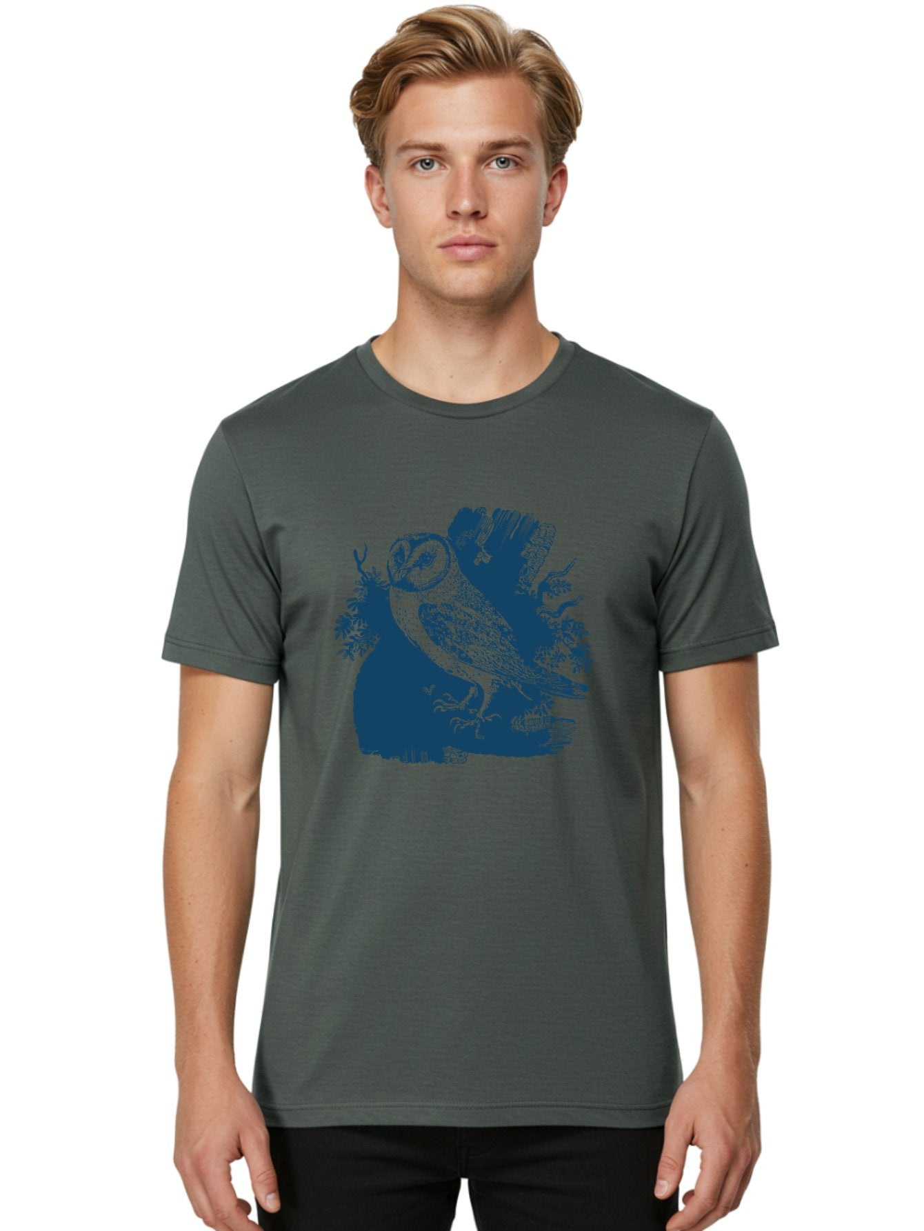 Perched Forest Owl Men'S Graphic Tee, 100% Cotton, Comfortable Casual Summer Wear, Machine Washable, Owl Perched On Branch, Nocturnal Bird, Forest Wildlife, Night Hunter, Dark Blue Silhouette, Intricate Details, Mysterious Ambiance, Aae580 20