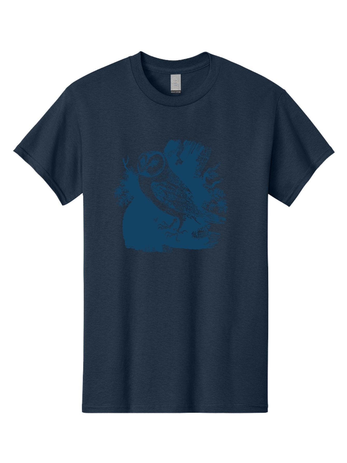 Perched Forest Owl Men'S Graphic Tee, 100% Cotton, Comfortable Casual Summer Wear, Machine Washable, Owl Perched On Branch, Nocturnal Bird, Forest Wildlife, Night Hunter, Dark Blue Silhouette, Intricate Details, Mysterious Ambiance, Aae580