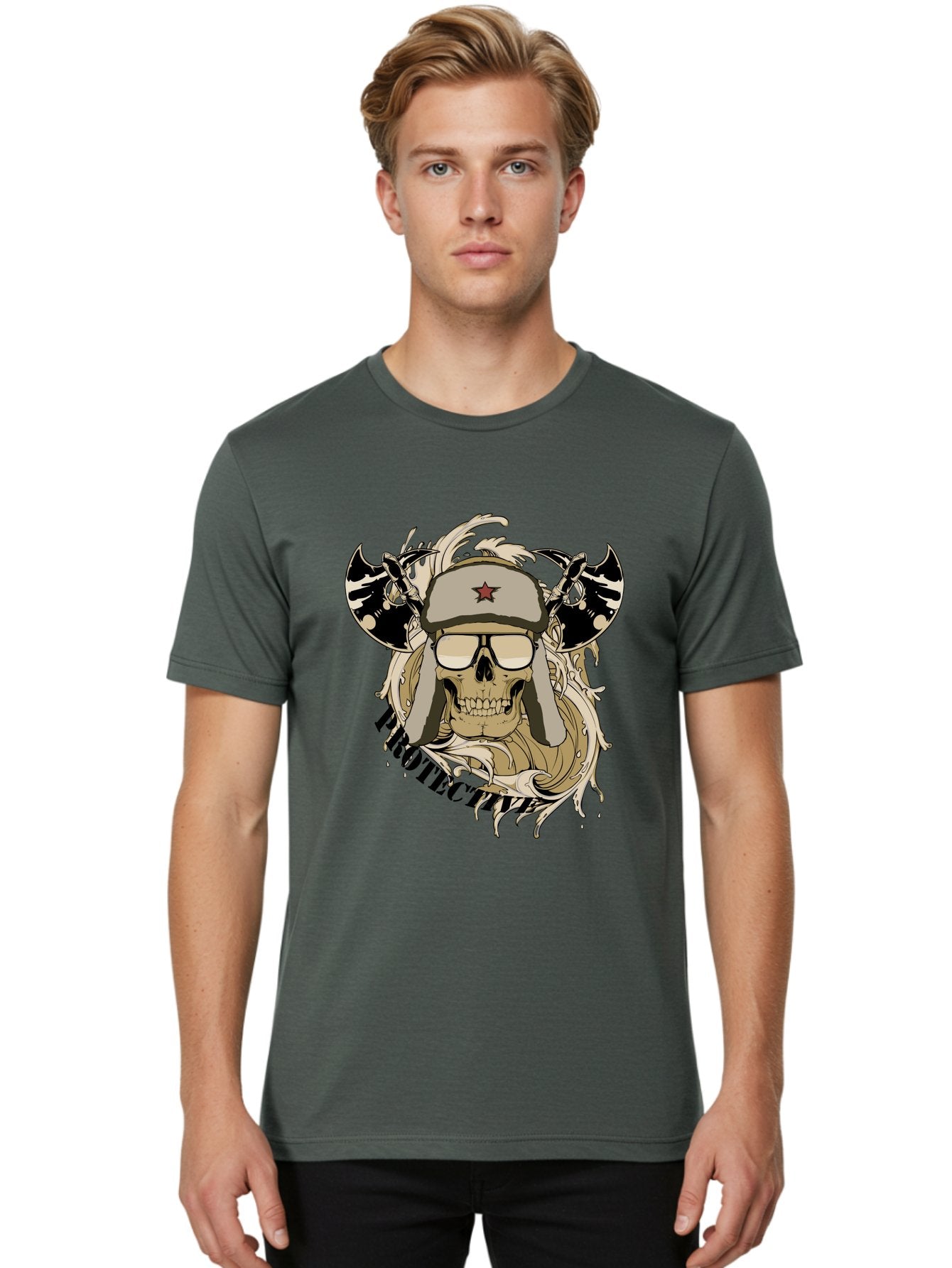 Proactive War Skull Men'S Graphic Tee, 100% Cotton, Comfortable Casual Summer Wear, Machine Washable, Skull Wearing Sunglasses, Futuristic Illustration, Fantasy Art, Edgy Design, Skull Art, Grunge Style, Punk Rock Aesthetic, Rebellious Vibe Aae588 26