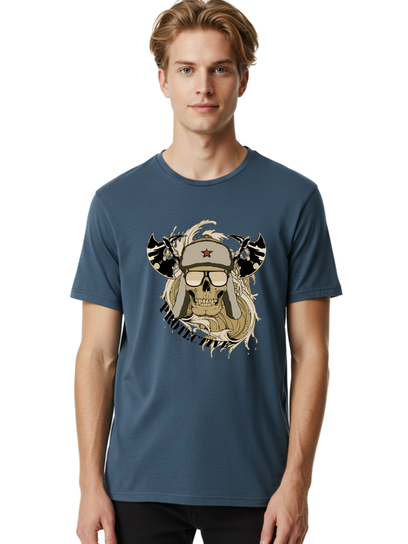 Proactive War Skull Men'S Graphic Tee, 100% Cotton, Comfortable Casual Summer Wear, Machine Washable, Skull Wearing Sunglasses, Futuristic Illustration, Fantasy Art, Edgy Design, Skull Art, Grunge Style, Punk Rock Aesthetic, Rebellious Vibe Aae588