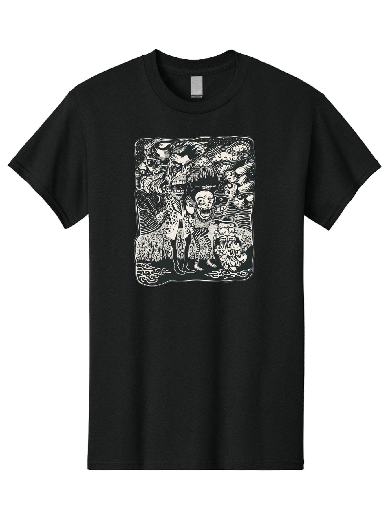 Psycho Parade Men'S Graphic Tee, 100% Cotton, Comfortable Casual Summer Wear, Machine Washable, Pirate Skeletons, Skulls, Zombies, Creepy Figures, Pirate Crew, Black And White Illustration, Detailed Artwork, Abstract Background Aae595 29