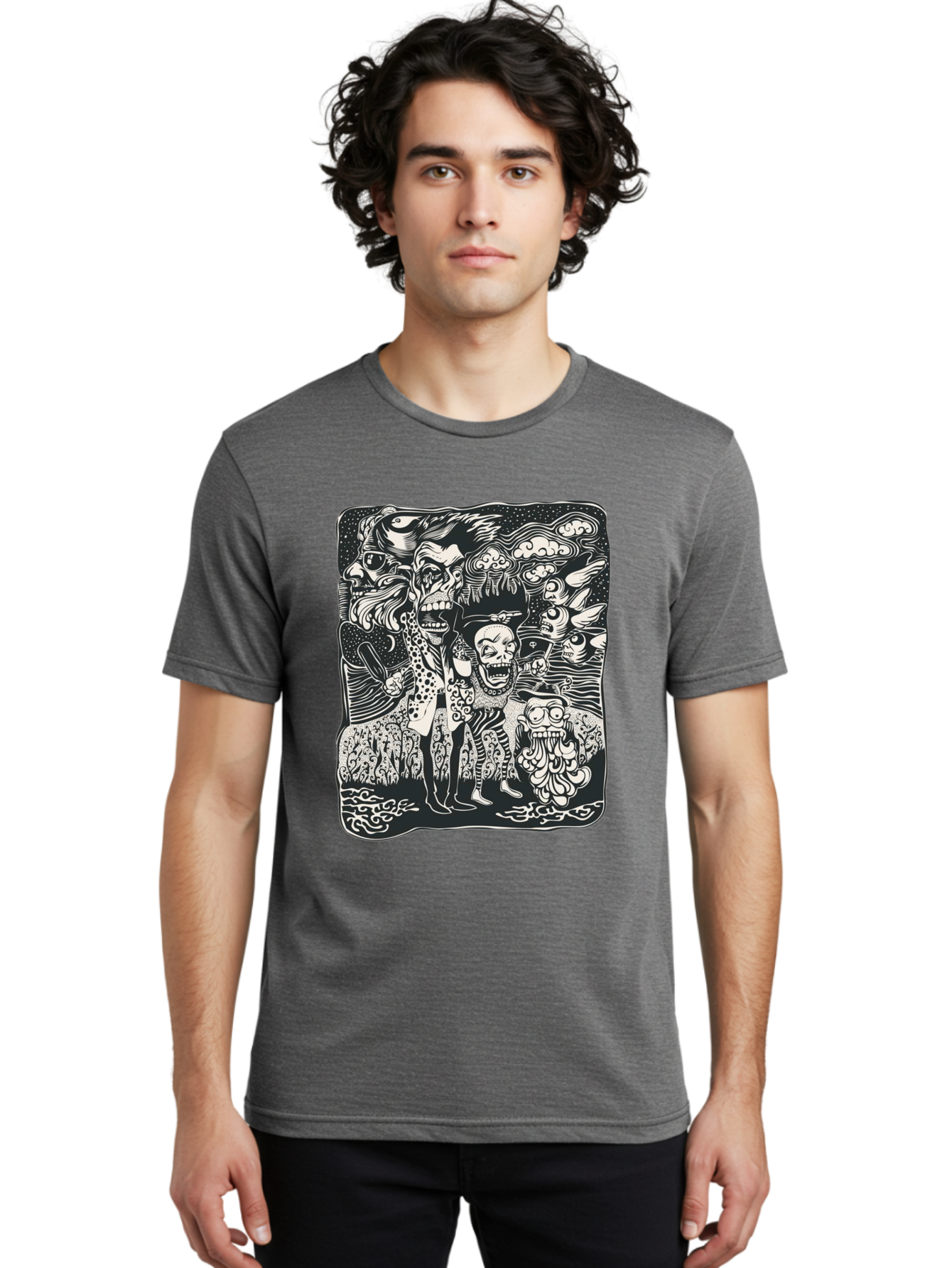 Psycho Parade Men'S Graphic Tee, 100% Cotton, Comfortable Casual Summer Wear, Machine Washable, Pirate Skeletons, Skulls, Zombies, Creepy Figures, Pirate Crew, Black And White Illustration, Detailed Artwork, Abstract Background Aae595 10