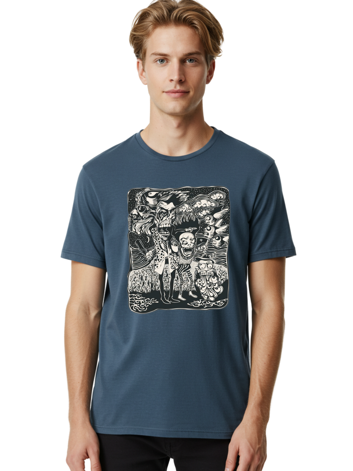 Psycho Parade Men'S Graphic Tee, 100% Cotton, Comfortable Casual Summer Wear, Machine Washable, Pirate Skeletons, Skulls, Zombies, Creepy Figures, Pirate Crew, Black And White Illustration, Detailed Artwork, Abstract Background Aae595 6