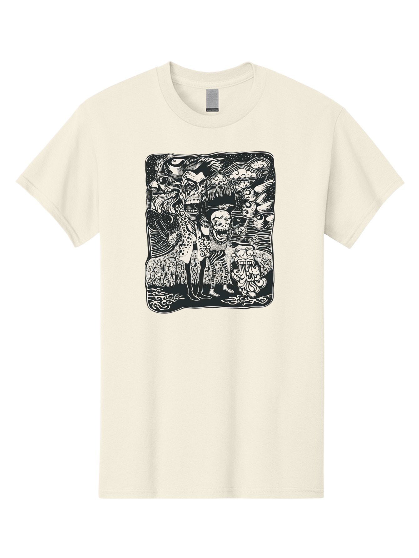 Psycho Parade Men'S Graphic Tee, 100% Cotton, Comfortable Casual Summer Wear, Machine Washable, Pirate Skeletons, Skulls, Zombies, Creepy Figures, Pirate Crew, Black And White Illustration, Detailed Artwork, Abstract Background Aae595 3