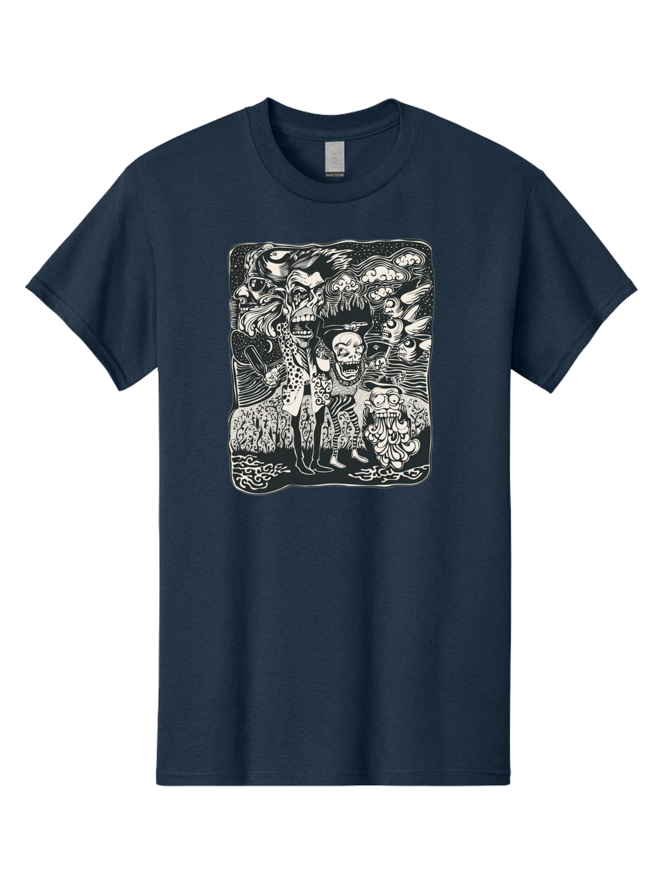 Psycho Parade Men'S Graphic Tee, 100% Cotton, Comfortable Casual Summer Wear, Machine Washable, Pirate Skeletons, Skulls, Zombies, Creepy Figures, Pirate Crew, Black And White Illustration, Detailed Artwork, Abstract Background Aae595