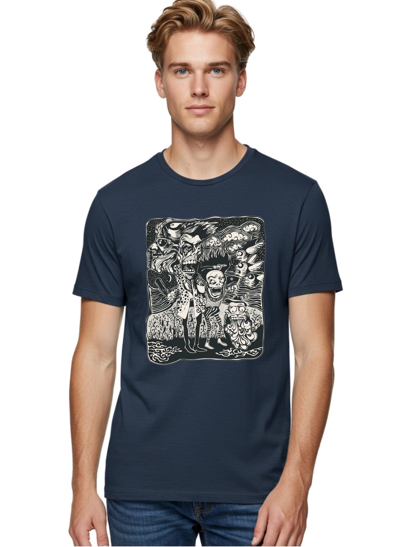 Psycho Parade Men'S Graphic Tee, 100% Cotton, Comfortable Casual Summer Wear, Machine Washable, Pirate Skeletons, Skulls, Zombies, Creepy Figures, Pirate Crew, Black And White Illustration, Detailed Artwork, Abstract Background Aae595
