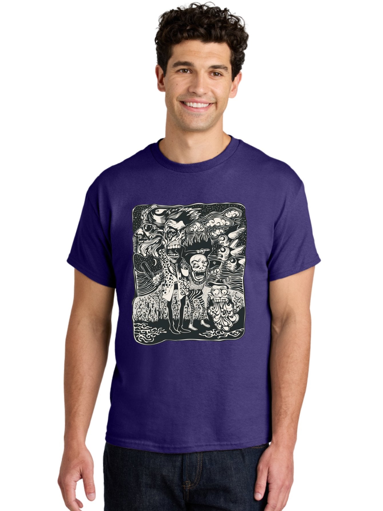 Psycho Parade Men'S Graphic Tee, 100% Cotton, Comfortable Casual Summer Wear, Machine Washable, Pirate Skeletons, Skulls, Zombies, Creepy Figures, Pirate Crew, Black And White Illustration, Detailed Artwork, Abstract Background Aae595 16