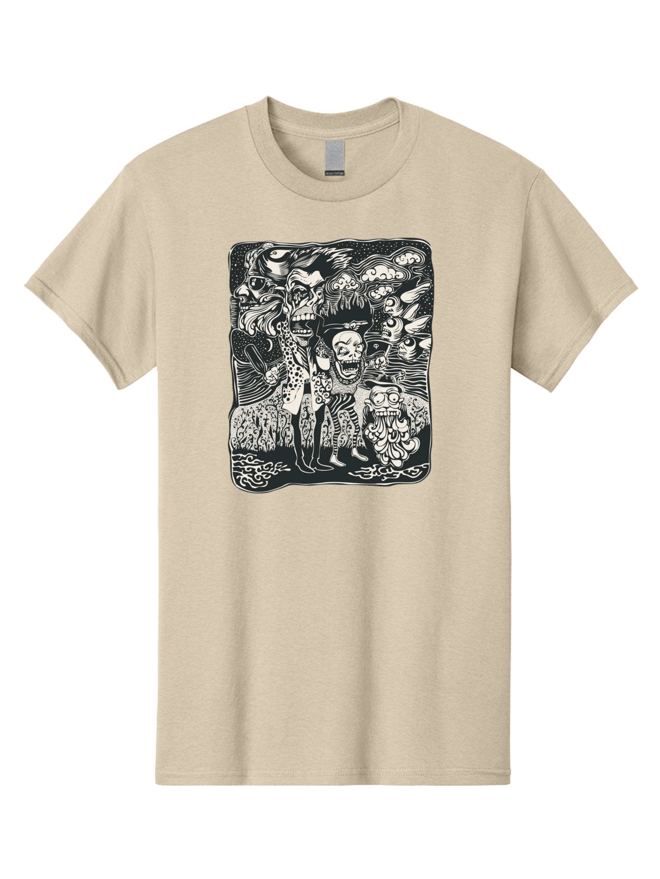 Psycho Parade Men'S Graphic Tee, 100% Cotton, Comfortable Casual Summer Wear, Machine Washable, Pirate Skeletons, Skulls, Zombies, Creepy Figures, Pirate Crew, Black And White Illustration, Detailed Artwork, Abstract Background Aae595 11