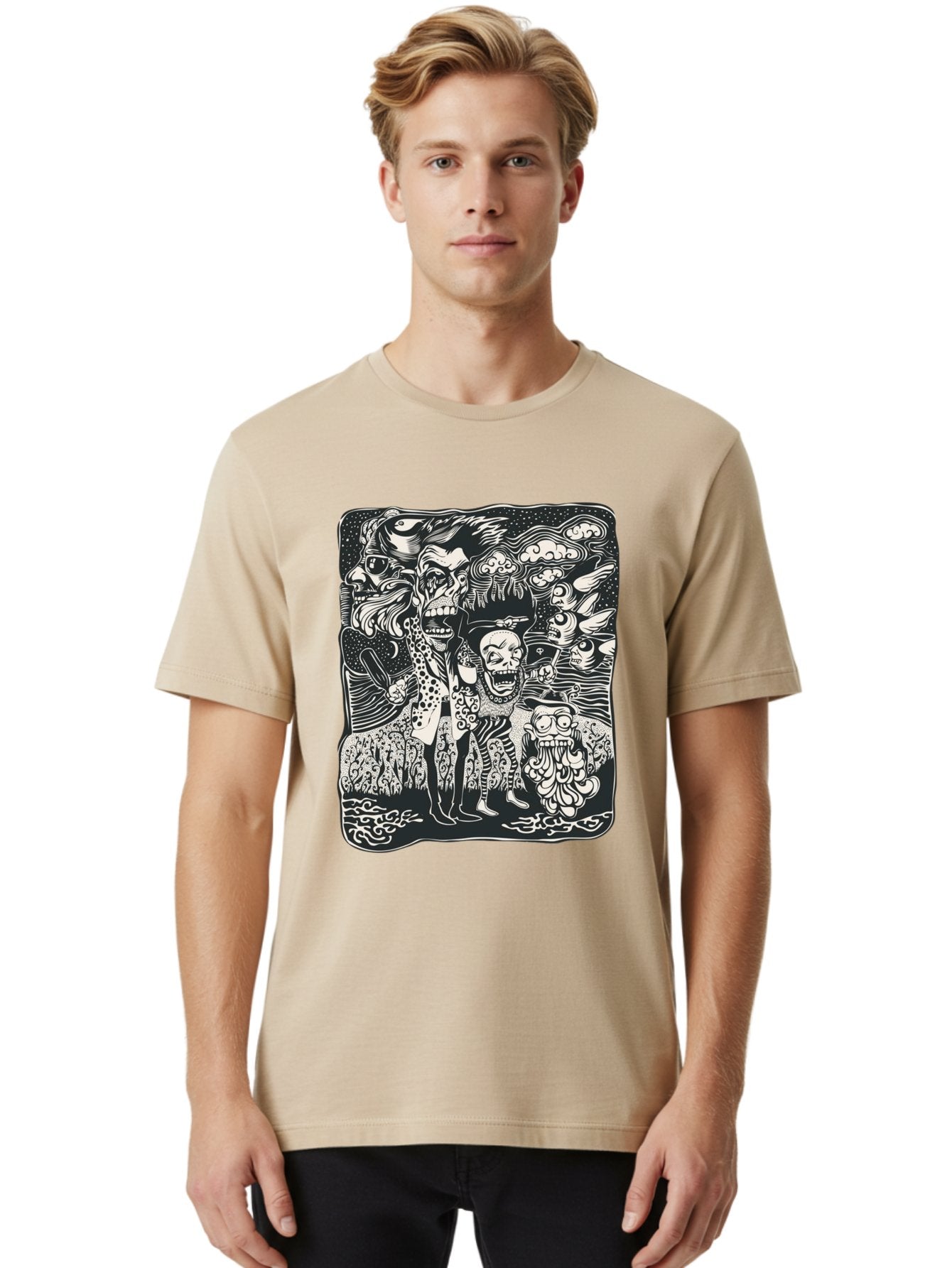 Psycho Parade Men'S Graphic Tee, 100% Cotton, Comfortable Casual Summer Wear, Machine Washable, Pirate Skeletons, Skulls, Zombies, Creepy Figures, Pirate Crew, Black And White Illustration, Detailed Artwork, Abstract Background Aae595 27