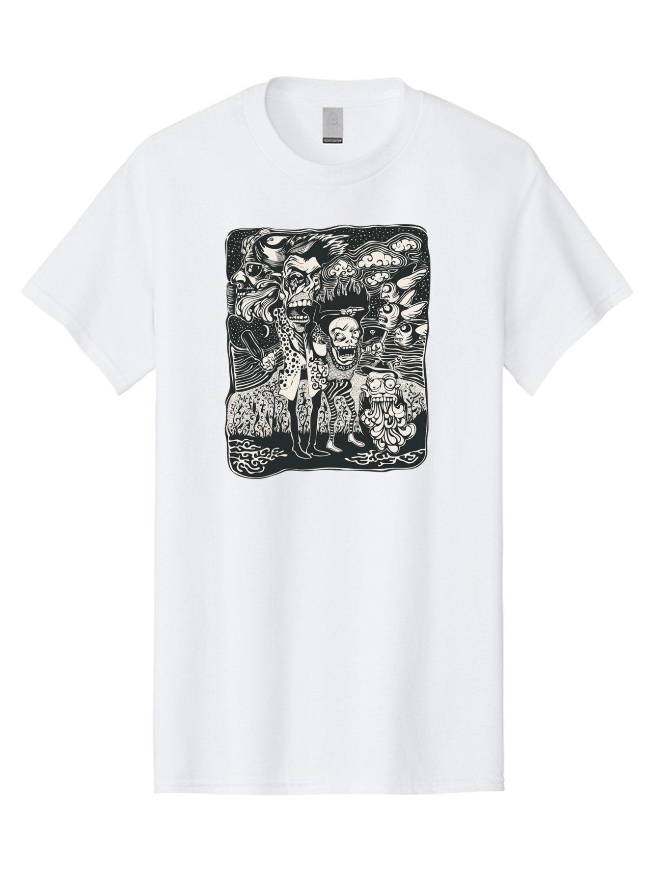 Psycho Parade Men'S Graphic Tee, 100% Cotton, Comfortable Casual Summer Wear, Machine Washable, Pirate Skeletons, Skulls, Zombies, Creepy Figures, Pirate Crew, Black And White Illustration, Detailed Artwork, Abstract Background Aae595 12