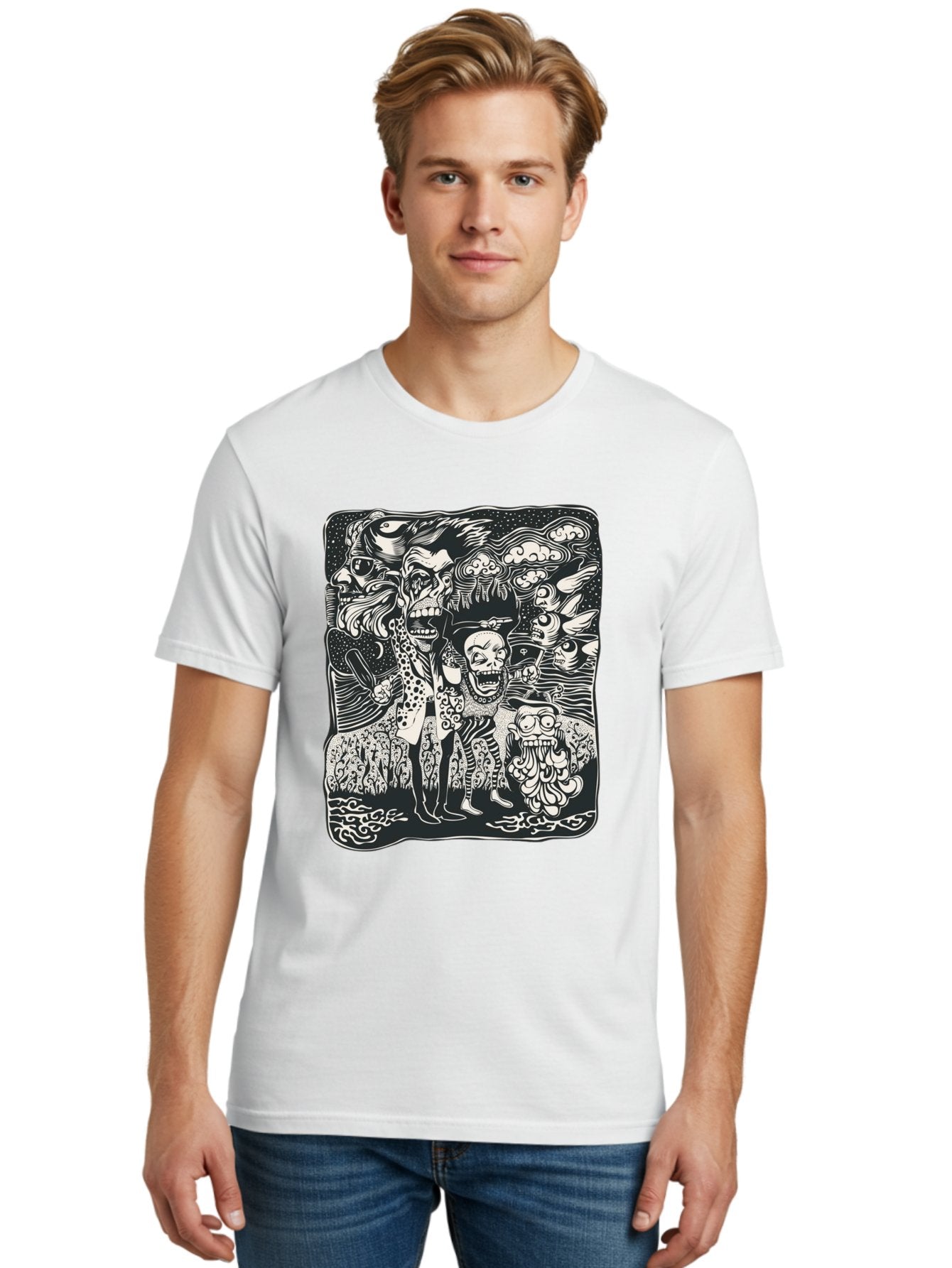 Psycho Parade Men'S Graphic Tee, 100% Cotton, Comfortable Casual Summer Wear, Machine Washable, Pirate Skeletons, Skulls, Zombies, Creepy Figures, Pirate Crew, Black And White Illustration, Detailed Artwork, Abstract Background Aae595 28