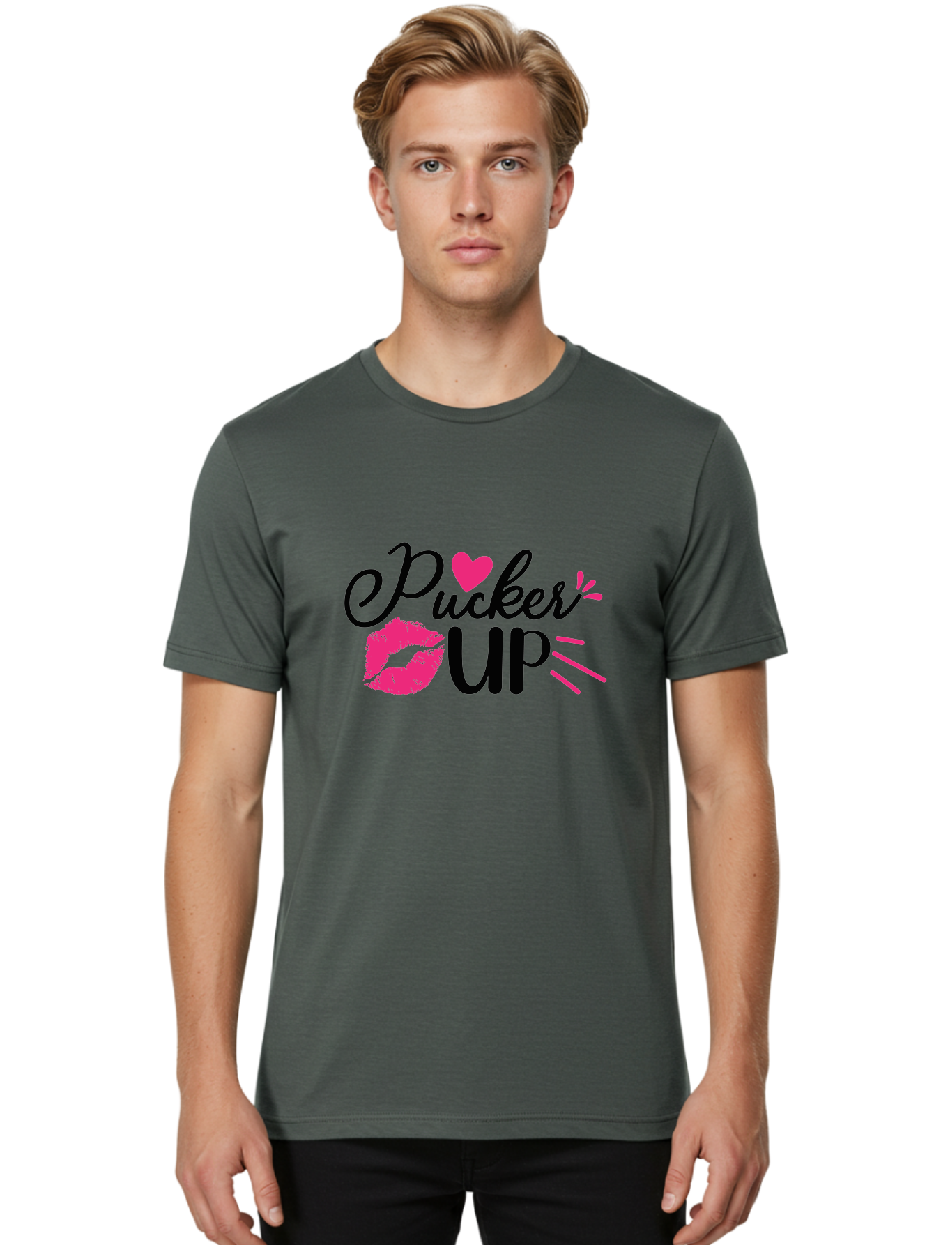 Pucker Up Men'S Graphic Tee, 100% Cotton, Comfortable Casual Summer Wear, Machine Washable, Pucker Up, Kiss Lips, Lipstick Kiss, Heart Shape, Love Symbol, Romantic Gesture, Playful Phrase, Bold Typography Aae596
