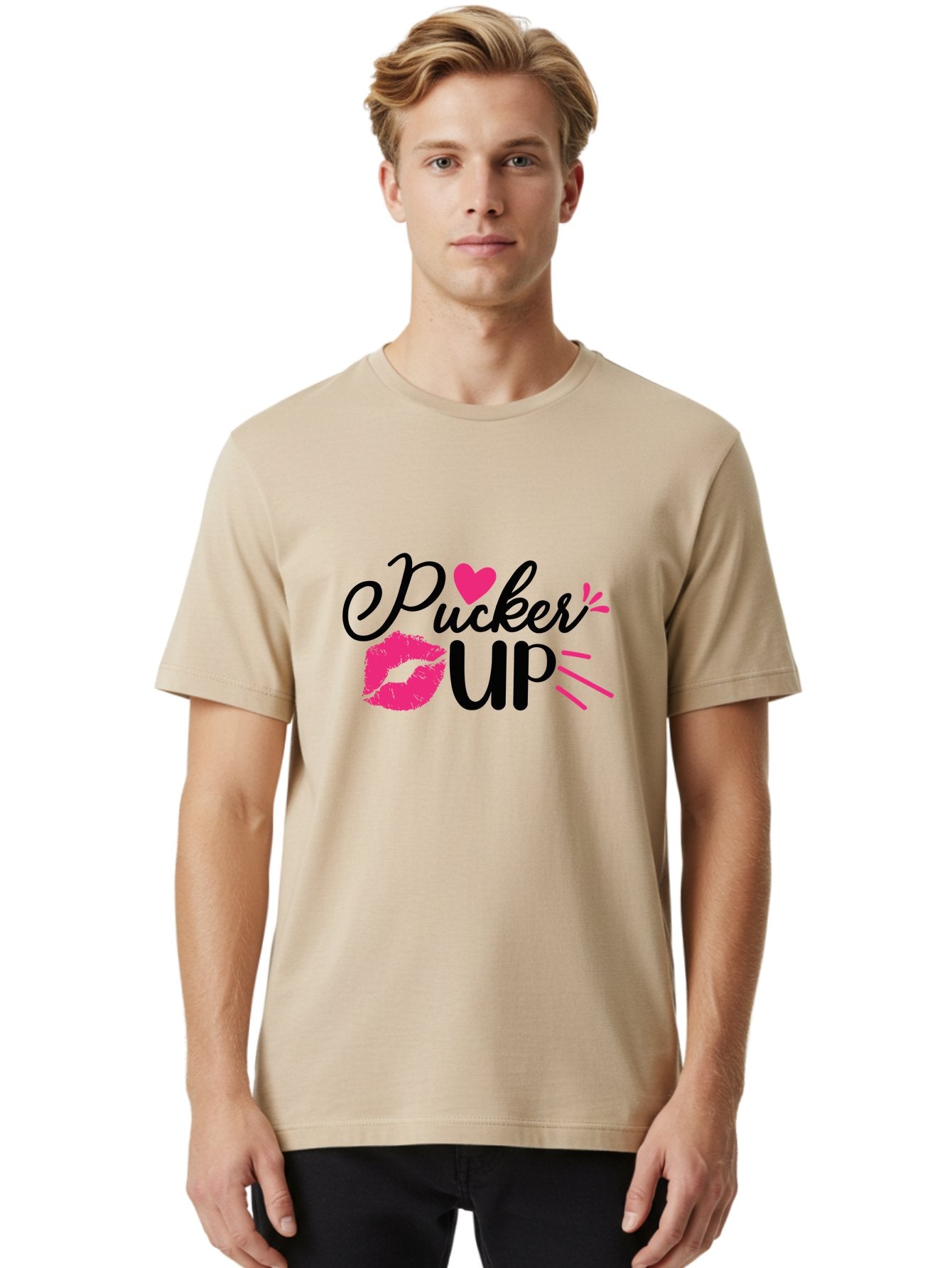 Pucker Up Men'S Graphic Tee, 100% Cotton, Comfortable Casual Summer Wear, Machine Washable, Pucker Up, Kiss Lips, Lipstick Kiss, Heart Shape, Love Symbol, Romantic Gesture, Playful Phrase, Bold Typography Aae596 18