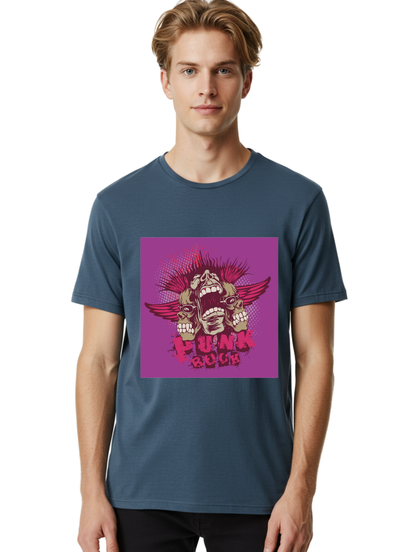 Punk Rock Men'S Graphic Tee, 100% Cotton, Comfortable Casual Summer Wear, Machine Washable, Punk Rock, Screaming Skulls, Mohawk Hair, Punk Style, Grunge Aesthetic, Bold Graphics, Skull Art, Edgy Design, Alternative Culture, Punk Fashion Aae601
