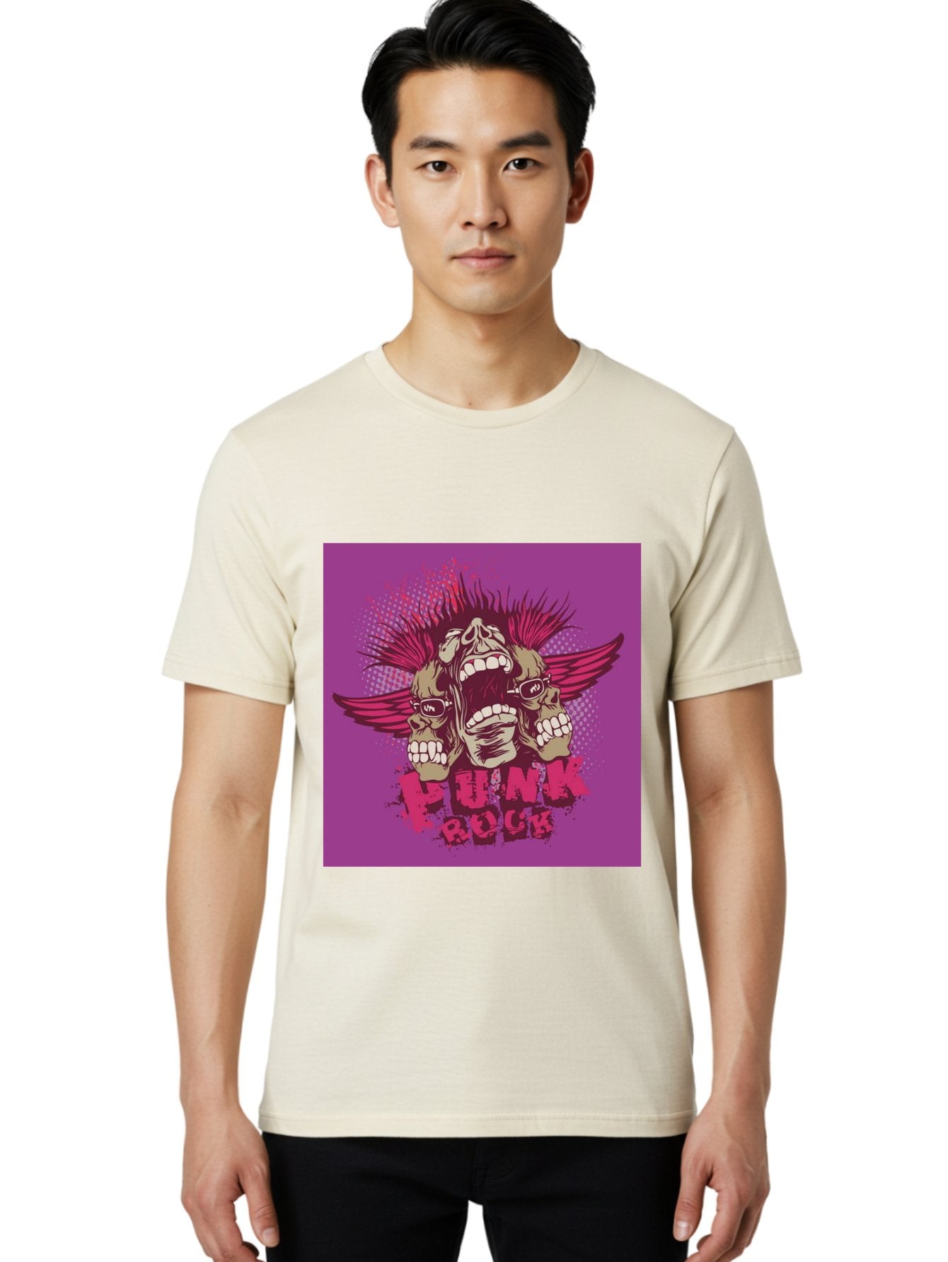 Punk Rock Men'S Graphic Tee, 100% Cotton, Comfortable Casual Summer Wear, Machine Washable, Punk Rock, Screaming Skulls, Mohawk Hair, Punk Style, Grunge Aesthetic, Bold Graphics, Skull Art, Edgy Design, Alternative Culture, Punk Fashion Aae601 24