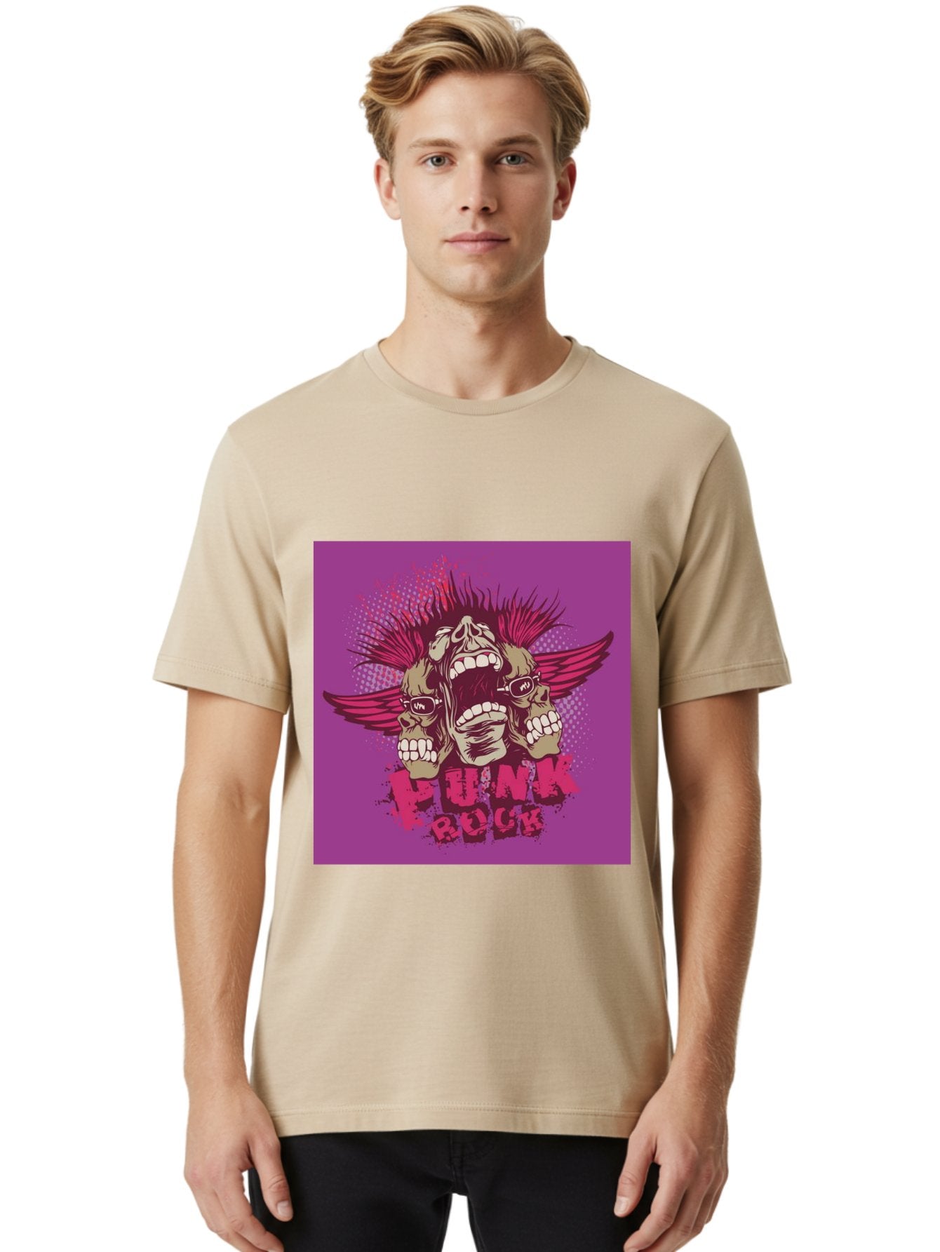 Punk Rock Men'S Graphic Tee, 100% Cotton, Comfortable Casual Summer Wear, Machine Washable, Punk Rock, Screaming Skulls, Mohawk Hair, Punk Style, Grunge Aesthetic, Bold Graphics, Skull Art, Edgy Design, Alternative Culture, Punk Fashion Aae601 16