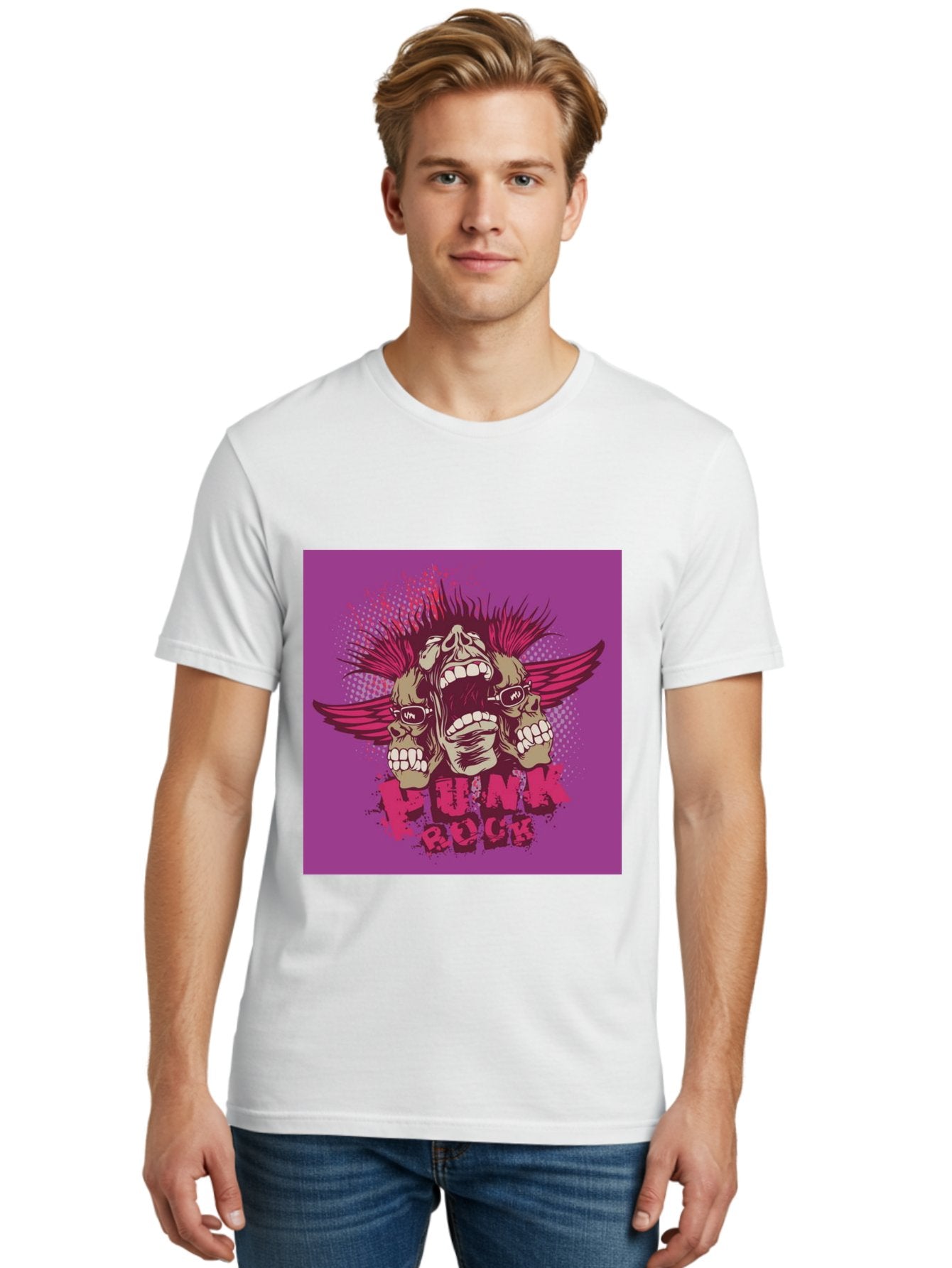 Punk Rock Men'S Graphic Tee, 100% Cotton, Comfortable Casual Summer Wear, Machine Washable, Punk Rock, Screaming Skulls, Mohawk Hair, Punk Style, Grunge Aesthetic, Bold Graphics, Skull Art, Edgy Design, Alternative Culture, Punk Fashion Aae601 28