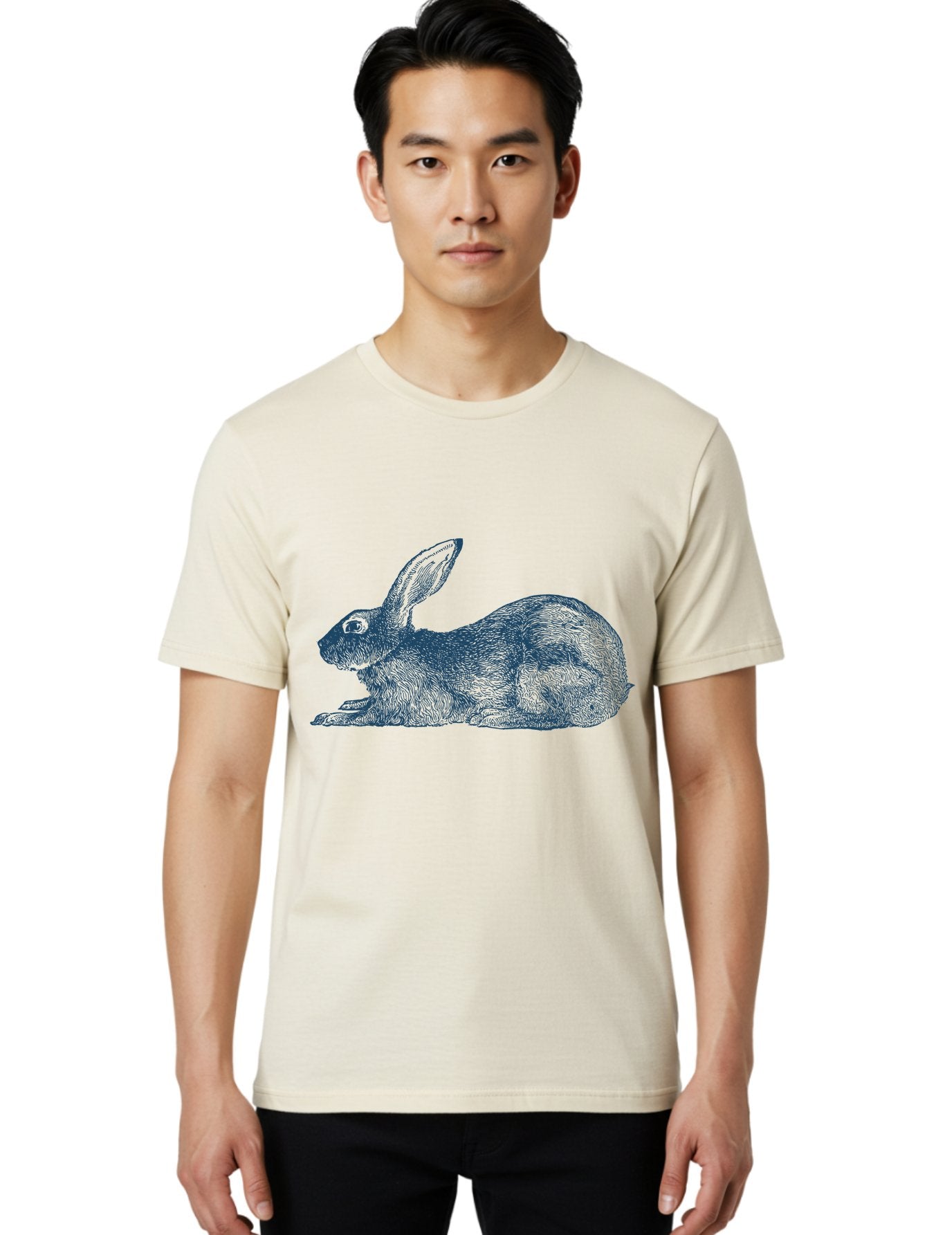 Rabbit Sitting Men'S Graphic Tee, 100% Cotton, Comfortable Casual Summer Wear, Machine Washable, Rabbit, Resting Rabbit, Hare, Engraved Illustration, Side View, Detailed Artwork, Furry Texture, Long Ears, Sitting Rabbit, Tranquil Scene, Aae602 27