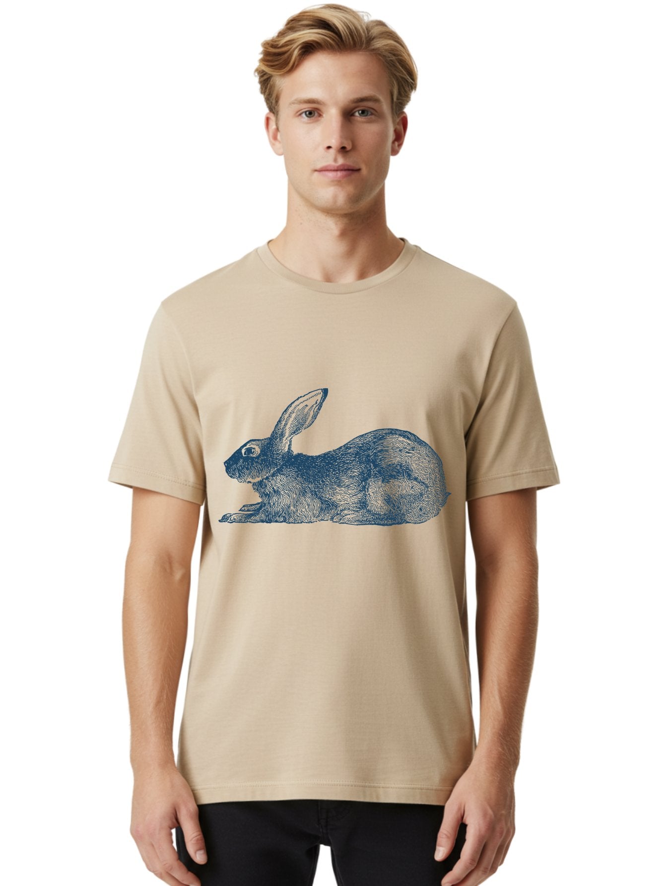 Rabbit Sitting Men'S Graphic Tee, 100% Cotton, Comfortable Casual Summer Wear, Machine Washable, Rabbit, Resting Rabbit, Hare, Engraved Illustration, Side View, Detailed Artwork, Furry Texture, Long Ears, Sitting Rabbit, Tranquil Scene, Aae602 21