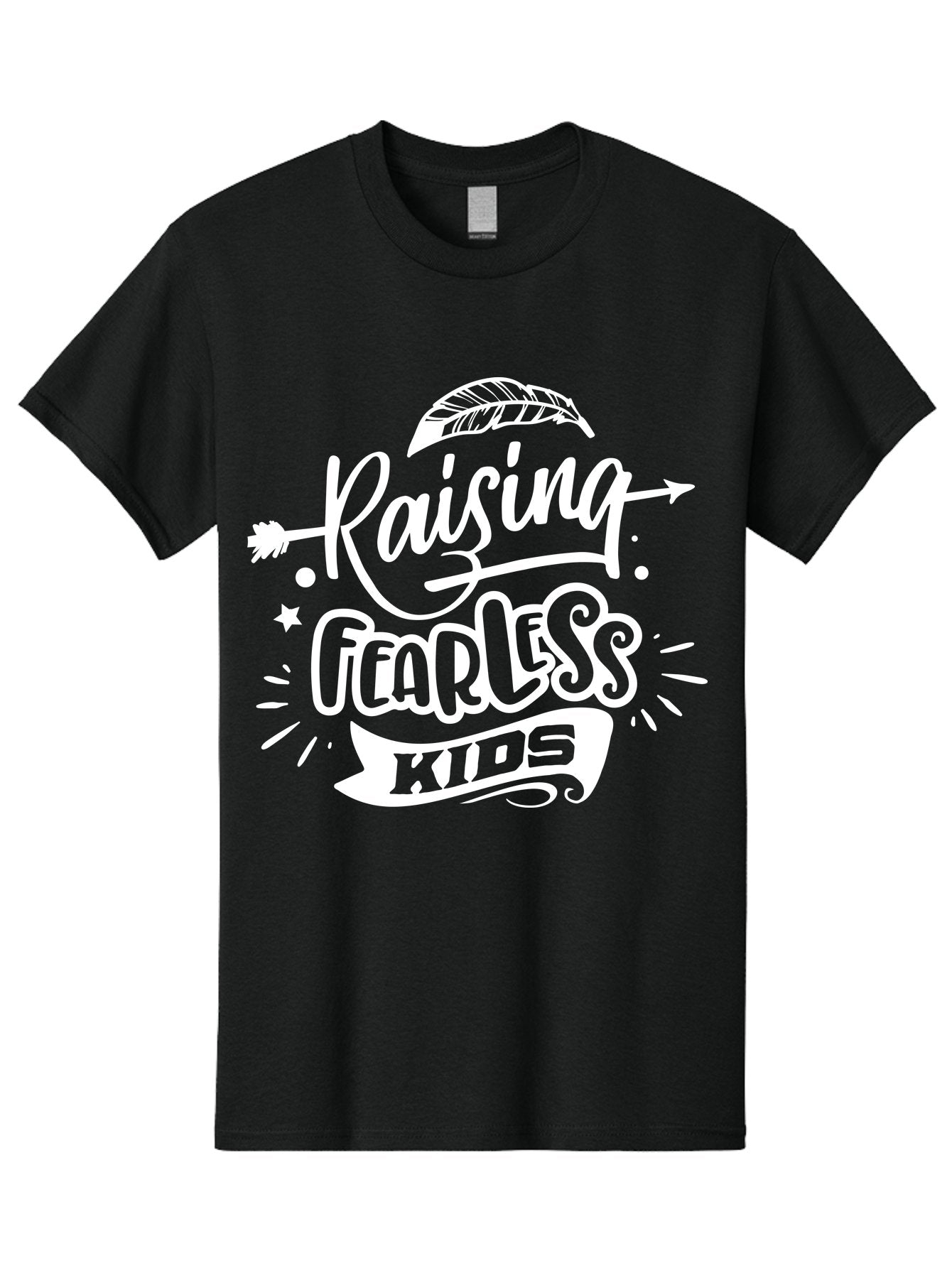 Raising Fearless Kids White Men'S Graphic Tee, 100% Cotton, Comfortable Casual Summer Wear, Machine Washable, Raising Fearless Kids, Motivational Quotes, Inspirational Phrases, Parenting Tips, Bold Font, Arrow Graphics, Feather Illustrations, Aae607 7