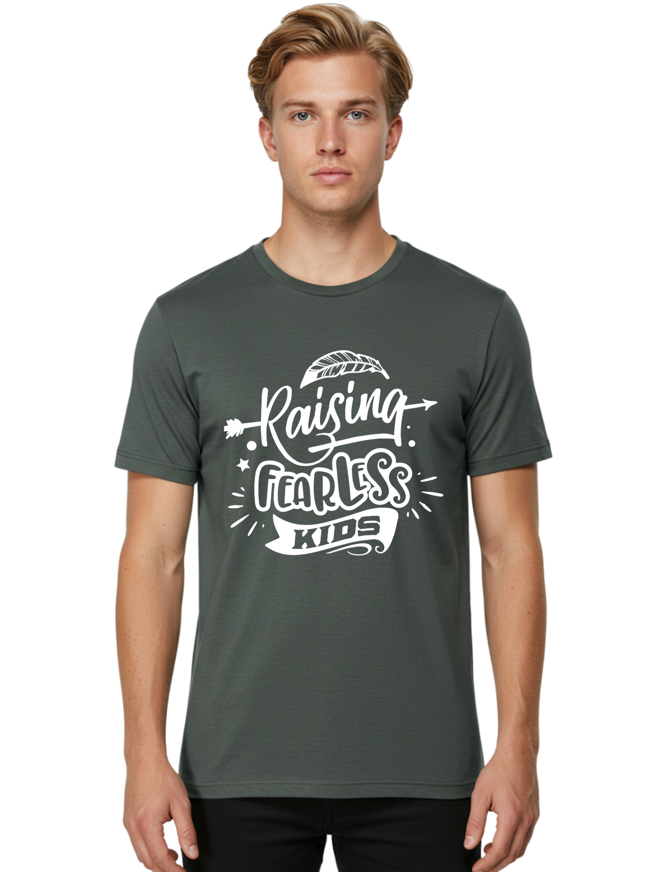 Raising Fearless Kids White Men'S Graphic Tee, 100% Cotton, Comfortable Casual Summer Wear, Machine Washable, Raising Fearless Kids, Motivational Quotes, Inspirational Phrases, Parenting Tips, Bold Font, Arrow Graphics, Feather Illustrations, Aae607 30