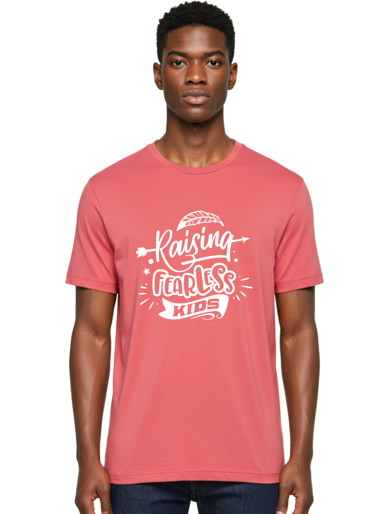 Raising Fearless Kids White Men'S Graphic Tee, 100% Cotton, Comfortable Casual Summer Wear, Machine Washable, Raising Fearless Kids, Motivational Quotes, Inspirational Phrases, Parenting Tips, Bold Font, Arrow Graphics, Feather Illustrations, Aae607 10