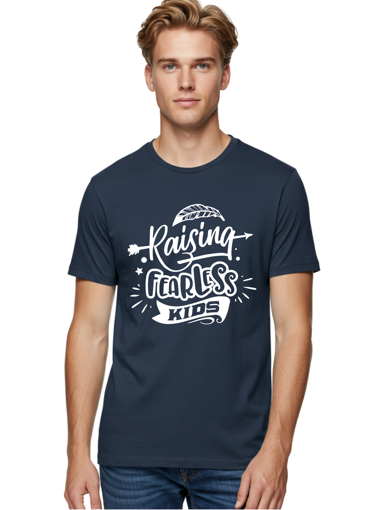 Raising Fearless Kids White Men'S Graphic Tee, 100% Cotton, Comfortable Casual Summer Wear, Machine Washable, Raising Fearless Kids, Motivational Quotes, Inspirational Phrases, Parenting Tips, Bold Font, Arrow Graphics, Feather Illustrations, Aae607 8