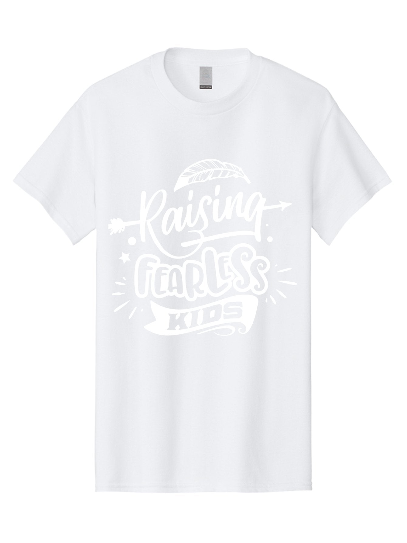 Raising Fearless Kids White Men'S Graphic Tee, 100% Cotton, Comfortable Casual Summer Wear, Machine Washable, Raising Fearless Kids, Motivational Quotes, Inspirational Phrases, Parenting Tips, Bold Font, Arrow Graphics, Feather Illustrations, Aae607 5