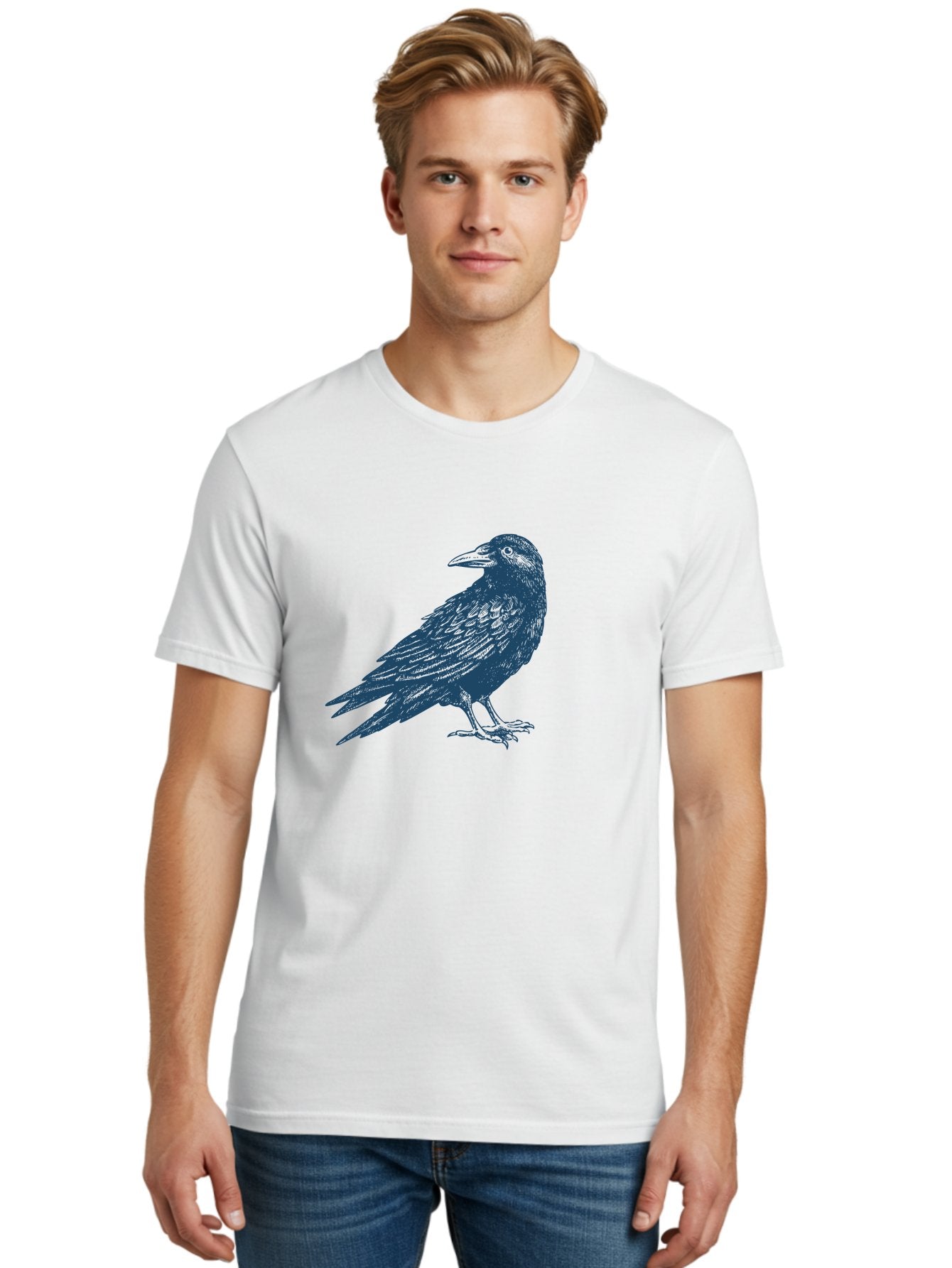 Raven Standing Men'S Graphic Tee, 100% Cotton, Comfortable Casual Summer Wear, Machine Washable, Raven Illustration, Dark Blue Crow, Mysterious Bird, Gothic Animal, Bird Silhouette, Wildlife Art, Symbolic Creature, Sharp Beak Aae609 27