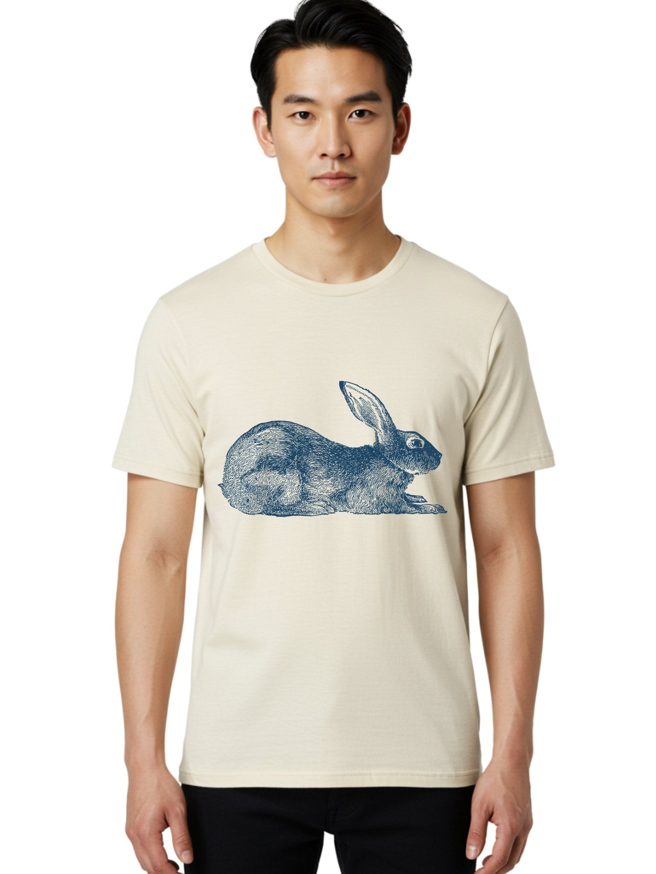 Resting Rabbit Men'S Graphic Tee, 100% Cotton, Comfortable Casual Summer Wear, Machine Washable, Rabbit Illustration, Detailed Drawing, Furry Texture, Long Ears, Relaxing Pose, Wildlife Art, Cute Animal, Sketch Style Aae610 23