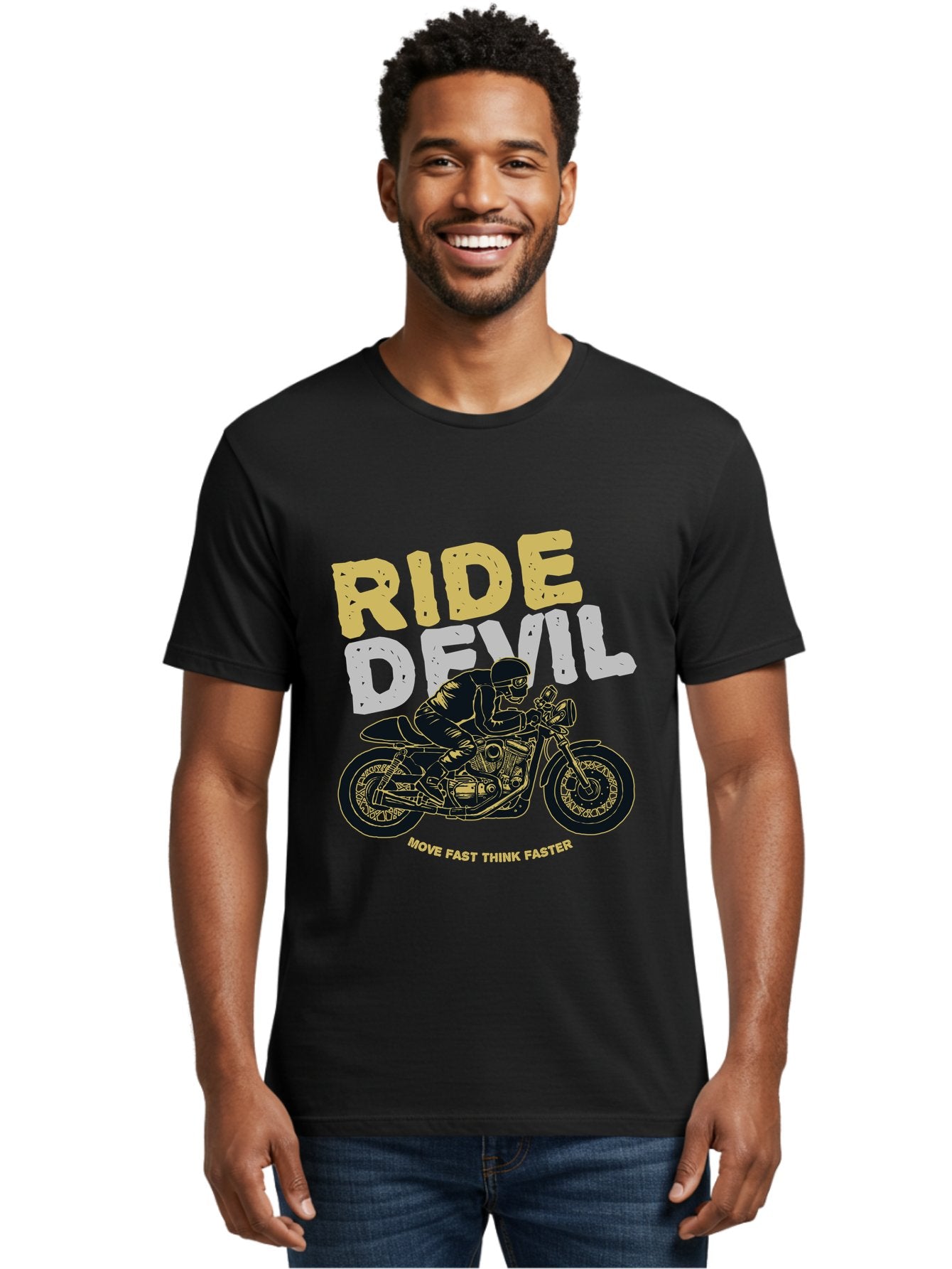 Ride Devil Men'S Graphic Tee, 100% Cotton, Comfortable Casual Summer Wear, Machine Washable, Motorcycle Rider, Devil May Care, Speed Demon, Fast Bike, Riding Gear, Motorcycle Culture, Biker Apparel, Ride Devil, Move Fast Think Faster Aae615 22