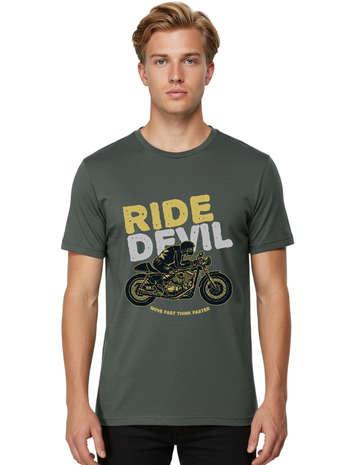 Ride Devil Men'S Graphic Tee, 100% Cotton, Comfortable Casual Summer Wear, Machine Washable, Motorcycle Rider, Devil May Care, Speed Demon, Fast Bike, Riding Gear, Motorcycle Culture, Biker Apparel, Ride Devil, Move Fast Think Faster Aae615 25
