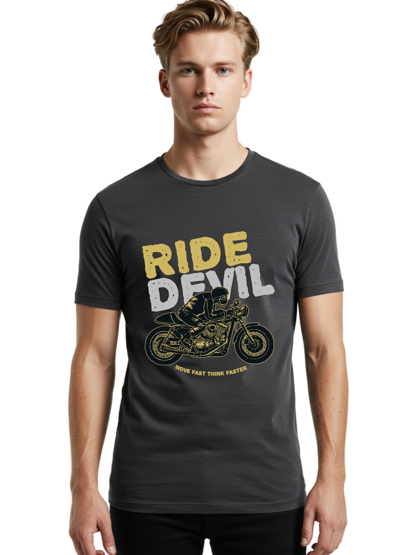 Ride Devil Men'S Graphic Tee, 100% Cotton, Comfortable Casual Summer Wear, Machine Washable, Motorcycle Rider, Devil May Care, Speed Demon, Fast Bike, Riding Gear, Motorcycle Culture, Biker Apparel, Ride Devil, Move Fast Think Faster Aae615 19