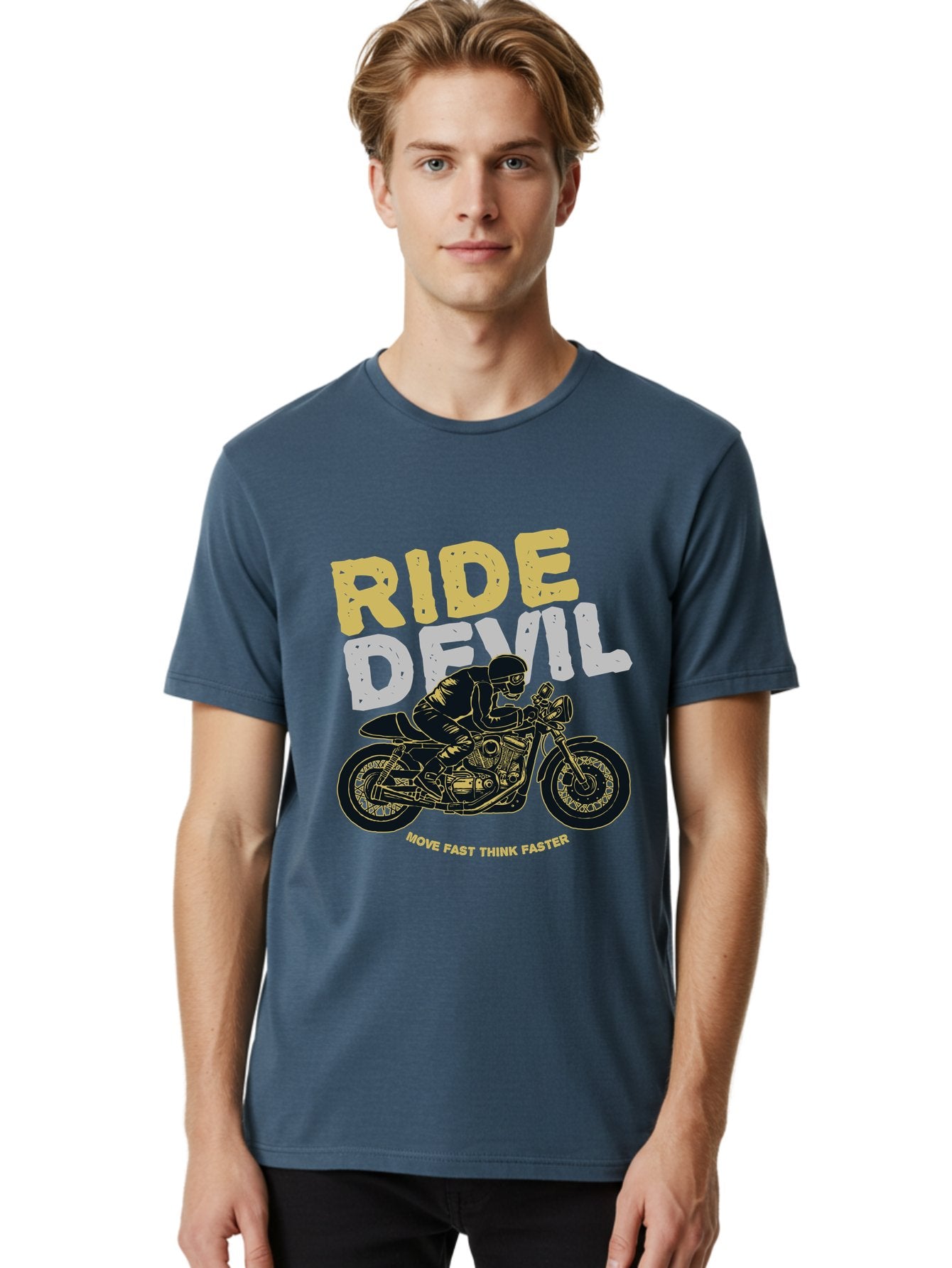 Ride Devil Men'S Graphic Tee, 100% Cotton, Comfortable Casual Summer Wear, Machine Washable, Motorcycle Rider, Devil May Care, Speed Demon, Fast Bike, Riding Gear, Motorcycle Culture, Biker Apparel, Ride Devil, Move Fast Think Faster Aae615 23