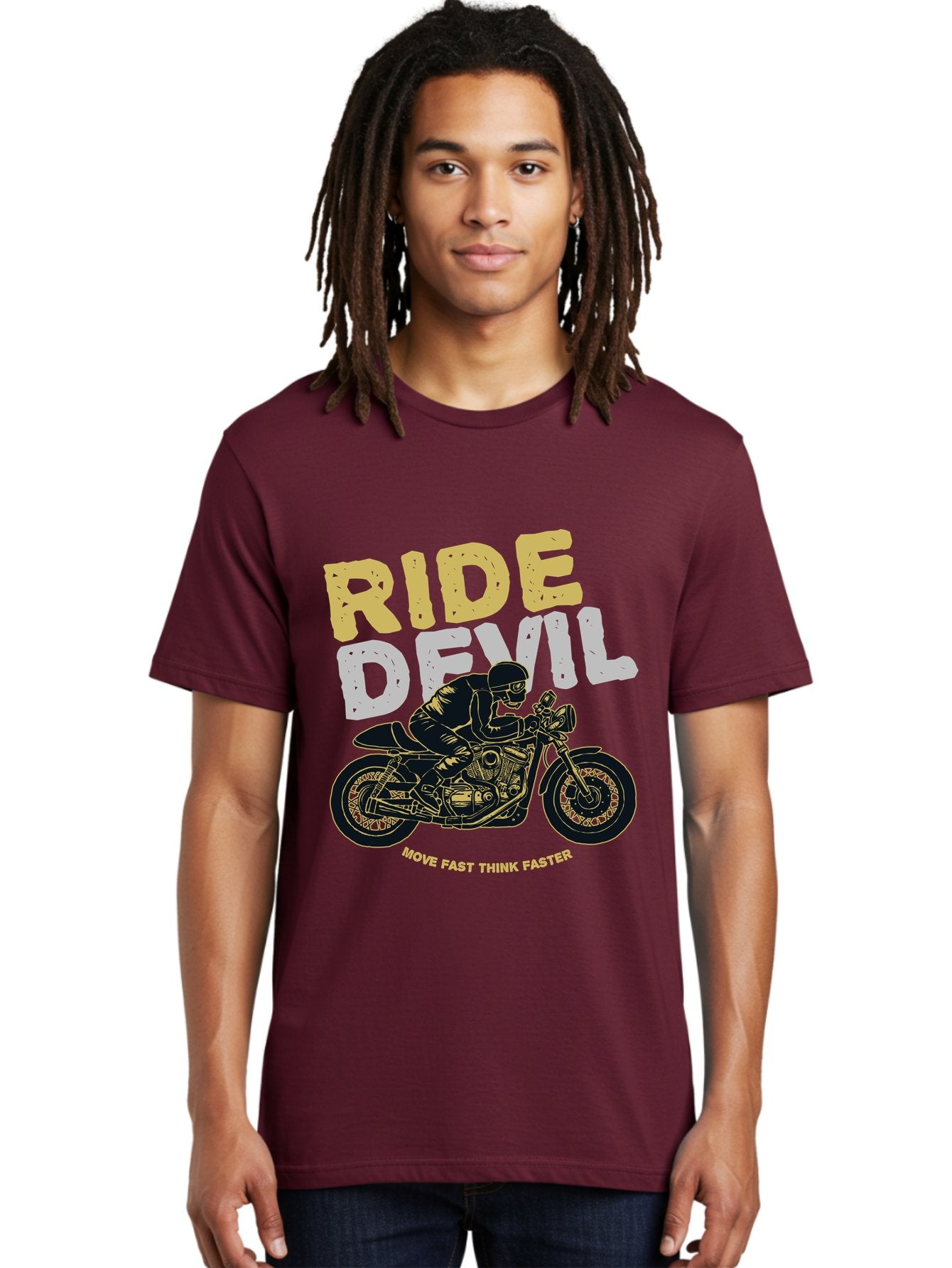 Ride Devil Men'S Graphic Tee, 100% Cotton, Comfortable Casual Summer Wear, Machine Washable, Motorcycle Rider, Devil May Care, Speed Demon, Fast Bike, Riding Gear, Motorcycle Culture, Biker Apparel, Ride Devil, Move Fast Think Faster Aae615 18