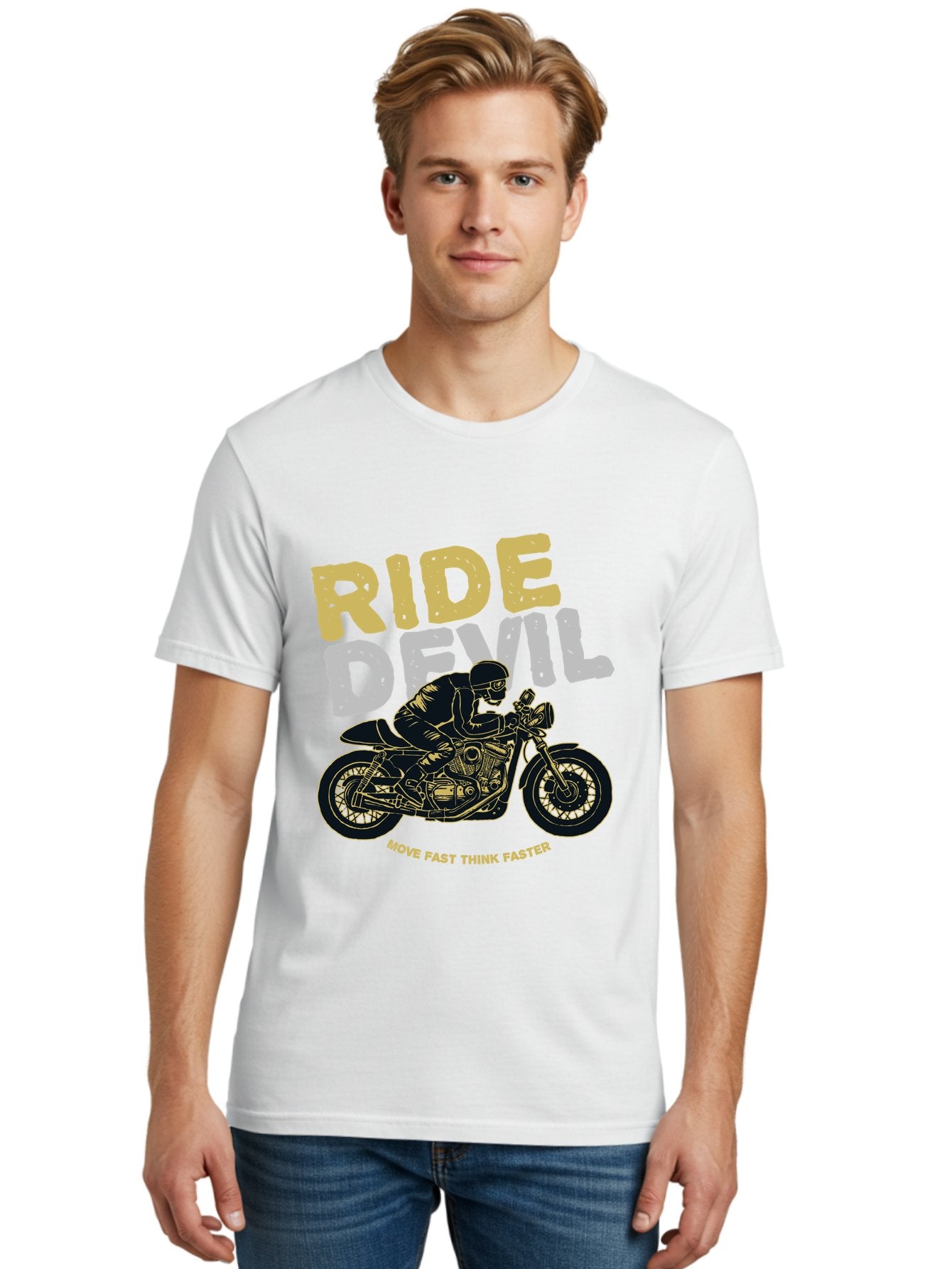 Ride Devil Men'S Graphic Tee, 100% Cotton, Comfortable Casual Summer Wear, Machine Washable, Motorcycle Rider, Devil May Care, Speed Demon, Fast Bike, Riding Gear, Motorcycle Culture, Biker Apparel, Ride Devil, Move Fast Think Faster Aae615 24