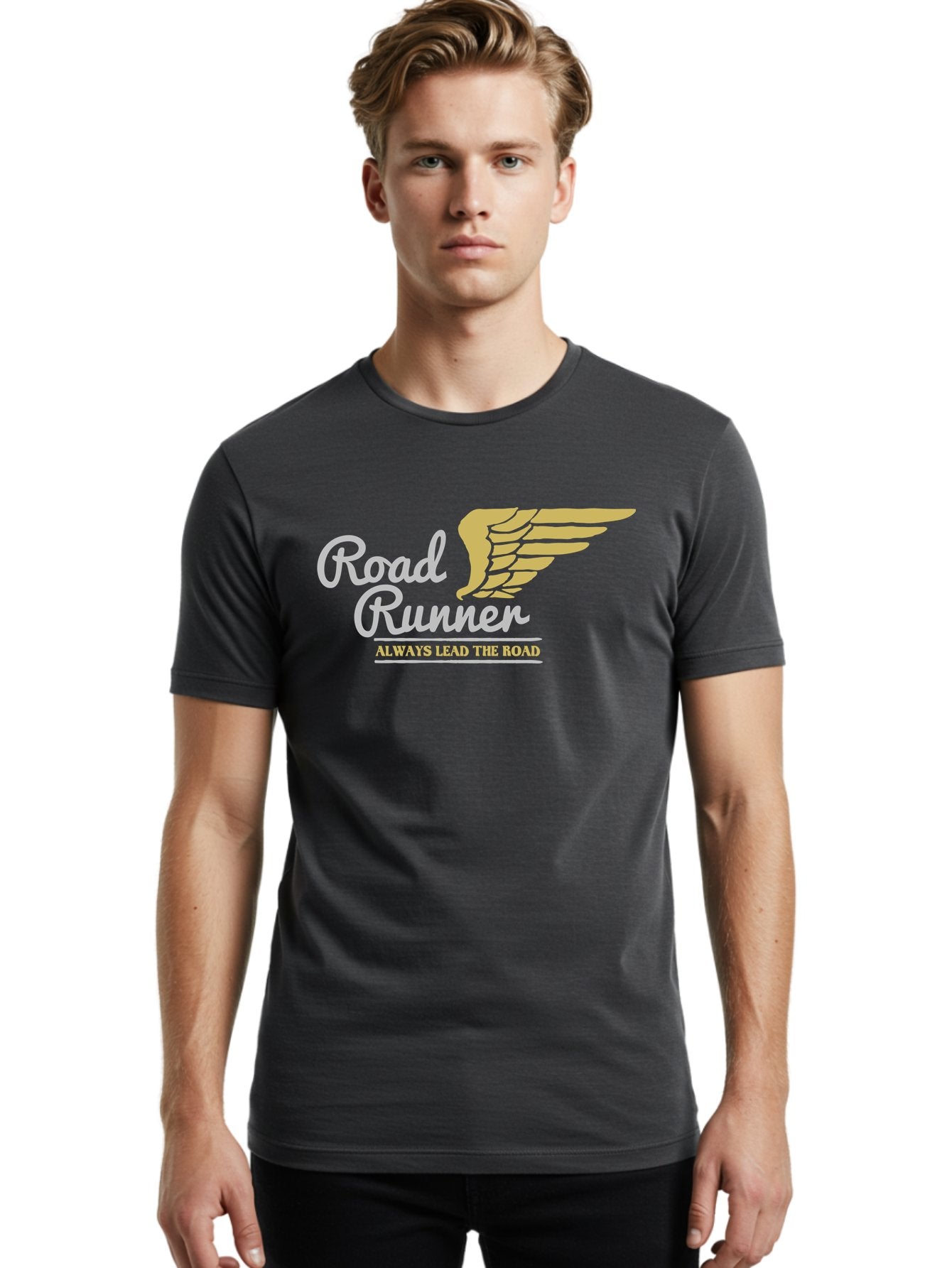 Road Runner Men'S Graphic Tee, 100% Cotton, Comfortable Casual Summer Wear, Machine Washable, Runner Logo, Wing Design, Road Runner, Always Lead The Road, Fitness Motivation, Running Inspiration, Speed, Wings, Road Runner Theme Aae617 19