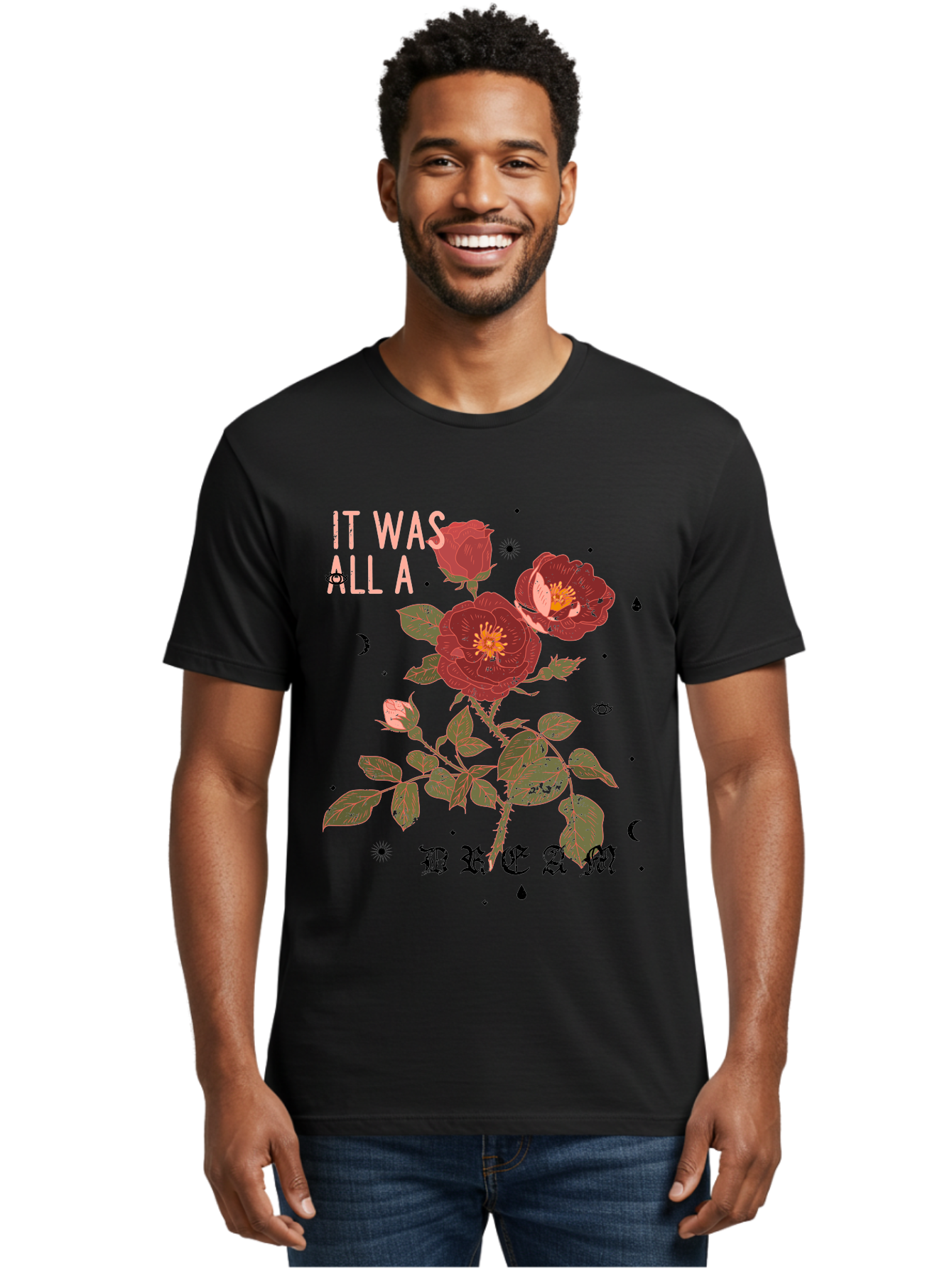 Rose -Men Men'S Graphic Tee, 100% Cotton, Comfortable Casual Summer Wear, Machine Washable, Red Roses, Vintage Illustration, Floral Design, Dreamy Atmosphere, Symbolic Imagery, Retro Aesthetic, Mystical Vibes, Gothic Typography Aae619 18
