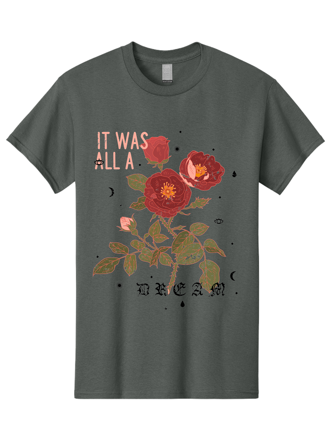 Rose -Men Men'S Graphic Tee, 100% Cotton, Comfortable Casual Summer Wear, Machine Washable, Red Roses, Vintage Illustration, Floral Design, Dreamy Atmosphere, Symbolic Imagery, Retro Aesthetic, Mystical Vibes, Gothic Typography Aae619 25