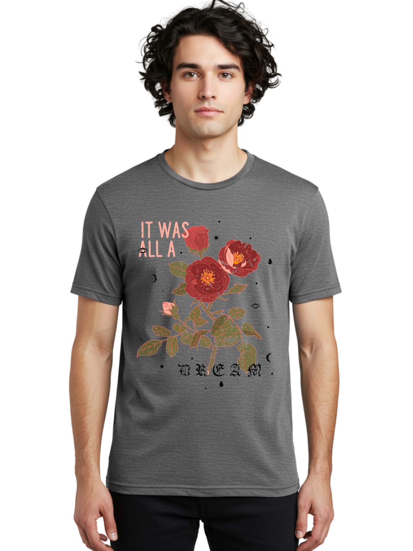 Rose -Men Men'S Graphic Tee, 100% Cotton, Comfortable Casual Summer Wear, Machine Washable, Red Roses, Vintage Illustration, Floral Design, Dreamy Atmosphere, Symbolic Imagery, Retro Aesthetic, Mystical Vibes, Gothic Typography Aae619