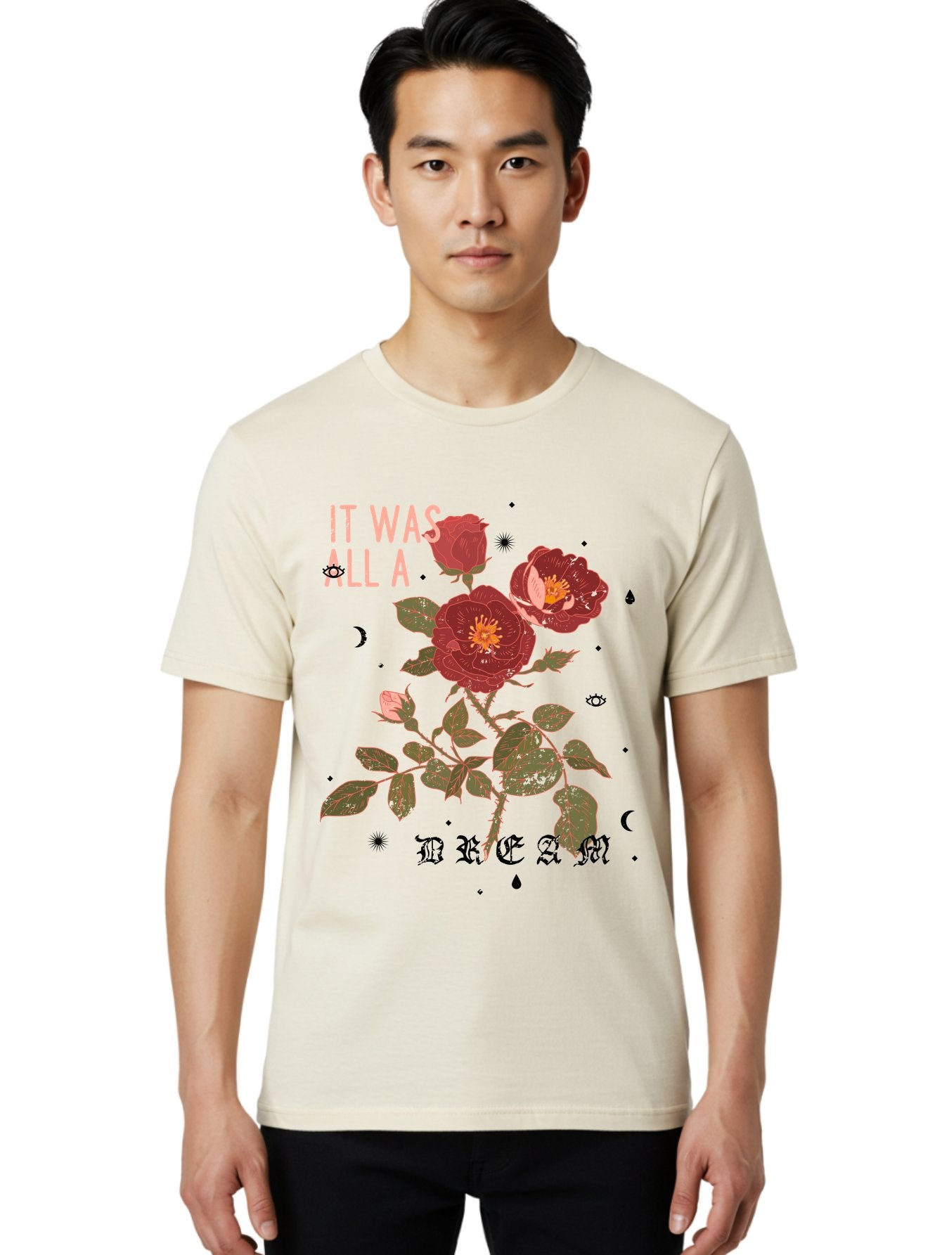 Rose -Men Men'S Graphic Tee, 100% Cotton, Comfortable Casual Summer Wear, Machine Washable, Red Roses, Vintage Illustration, Floral Design, Dreamy Atmosphere, Symbolic Imagery, Retro Aesthetic, Mystical Vibes, Gothic Typography Aae619 17