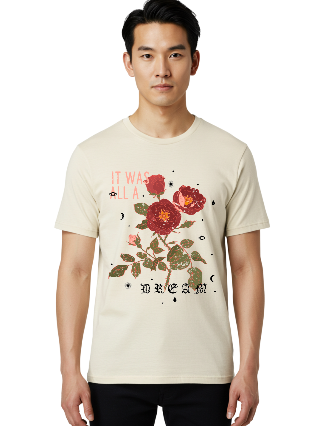 Rose -Men Men'S Graphic Tee, 100% Cotton, Comfortable Casual Summer Wear, Machine Washable, Red Roses, Vintage Illustration, Floral Design, Dreamy Atmosphere, Symbolic Imagery, Retro Aesthetic, Mystical Vibes, Gothic Typography Aae619 20