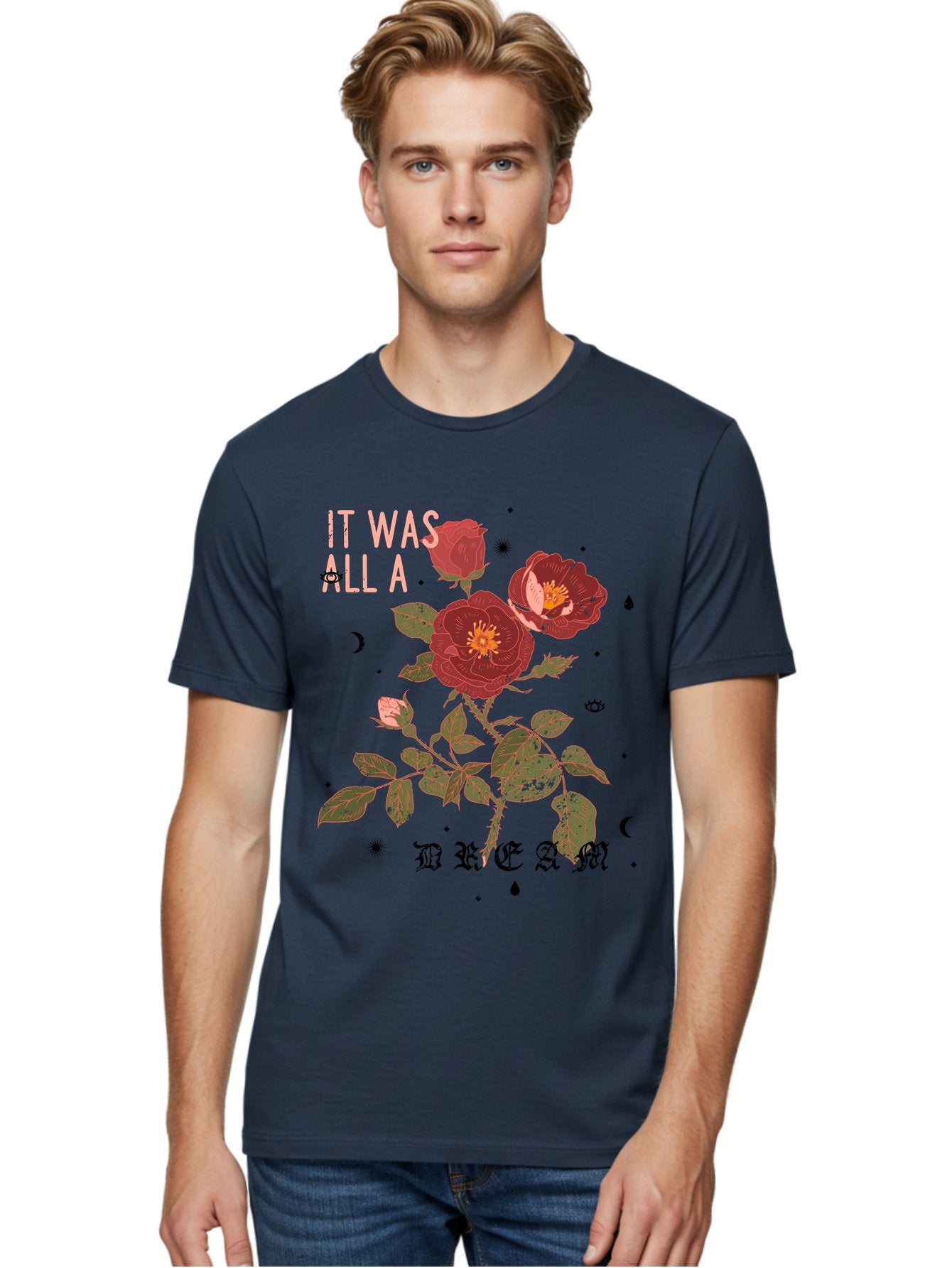Rose -Men Men'S Graphic Tee, 100% Cotton, Comfortable Casual Summer Wear, Machine Washable, Red Roses, Vintage Illustration, Floral Design, Dreamy Atmosphere, Symbolic Imagery, Retro Aesthetic, Mystical Vibes, Gothic Typography Aae619 16