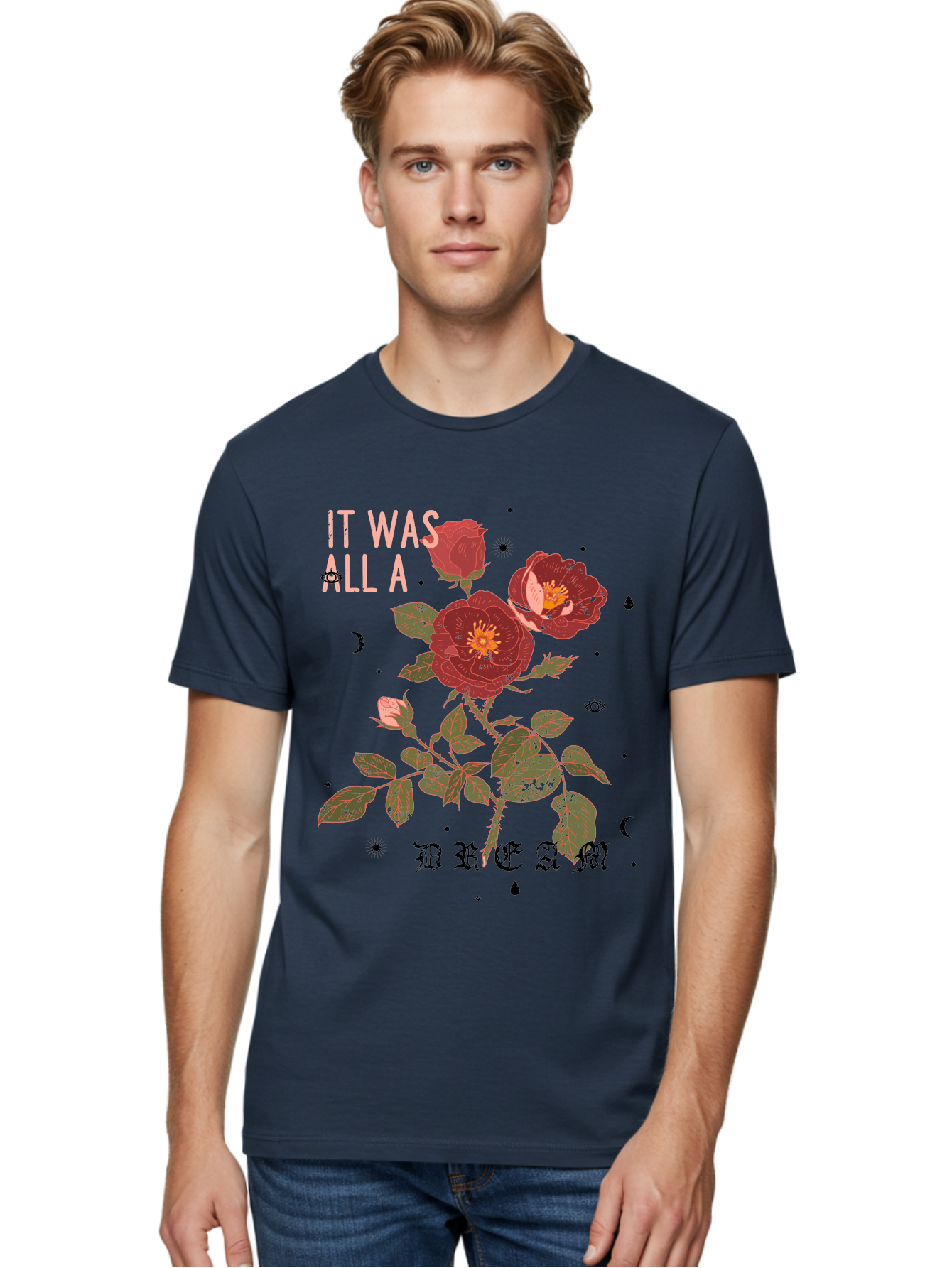 Rose -Men Men'S Graphic Tee, 100% Cotton, Comfortable Casual Summer Wear, Machine Washable, Red Roses, Vintage Illustration, Floral Design, Dreamy Atmosphere, Symbolic Imagery, Retro Aesthetic, Mystical Vibes, Gothic Typography Aae619 12
