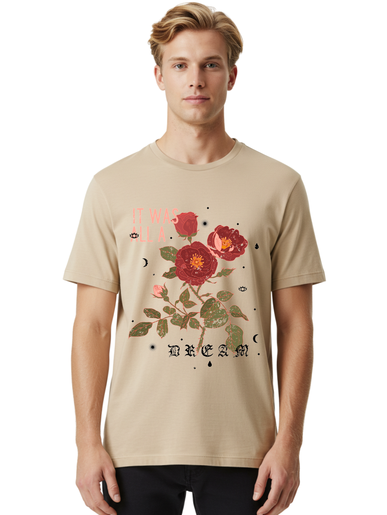Rose -Men Men'S Graphic Tee, 100% Cotton, Comfortable Casual Summer Wear, Machine Washable, Red Roses, Vintage Illustration, Floral Design, Dreamy Atmosphere, Symbolic Imagery, Retro Aesthetic, Mystical Vibes, Gothic Typography Aae619 6