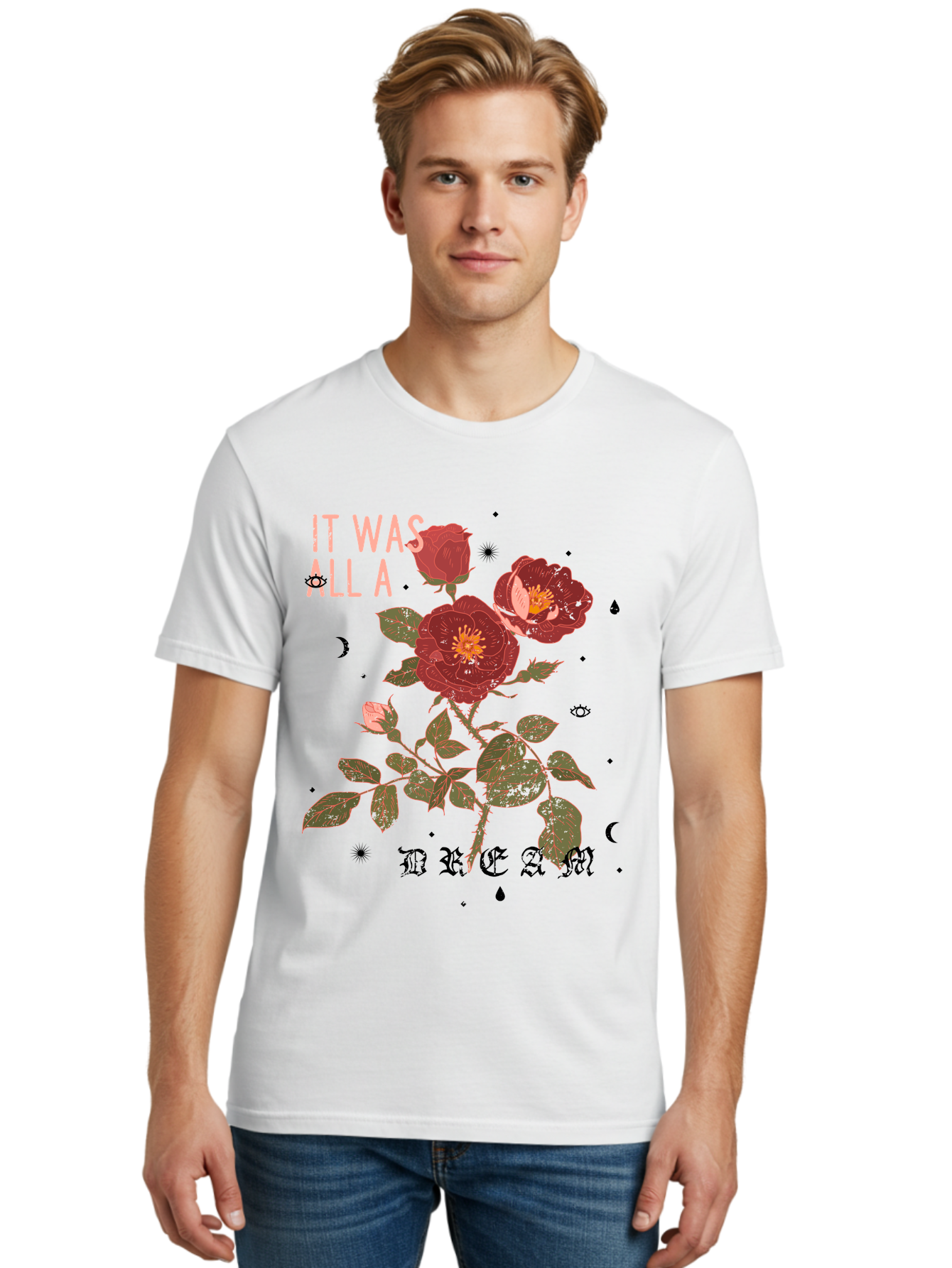 Rose -Men Men'S Graphic Tee, 100% Cotton, Comfortable Casual Summer Wear, Machine Washable, Red Roses, Vintage Illustration, Floral Design, Dreamy Atmosphere, Symbolic Imagery, Retro Aesthetic, Mystical Vibes, Gothic Typography Aae619 22