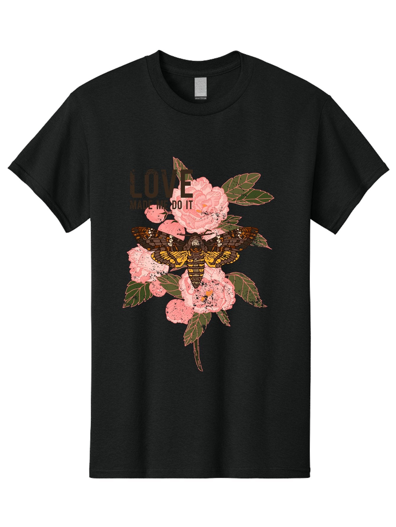 Rose Butterfly -Men Men'S Graphic Tee, 100% Cotton, Comfortable Casual Summer Wear, Machine Washable, Moth On Flowers, Pink Roses, Green Leaves, Love Made Me Do It Quote, Grunge Style, Vintage Aesthetic, Insect Art, Floral Design, Dark Colors, Aae620 12